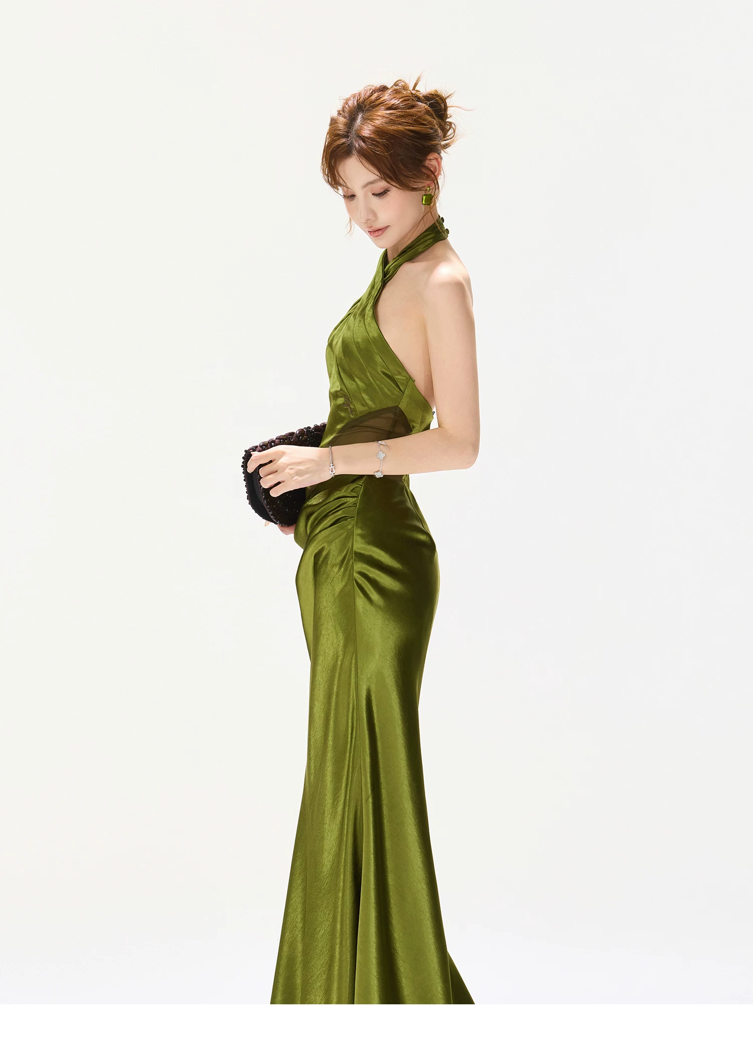 CYNR Satin Mesh Halter Fishtail Maxi Dress Slim Fit
