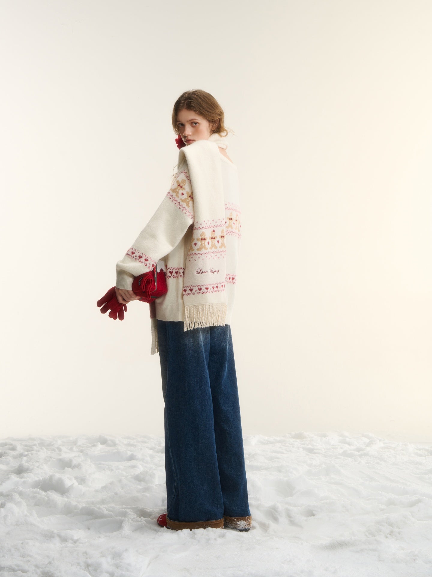 AsGony ASG25544 Fair Isle jacquard sweater and scarf set