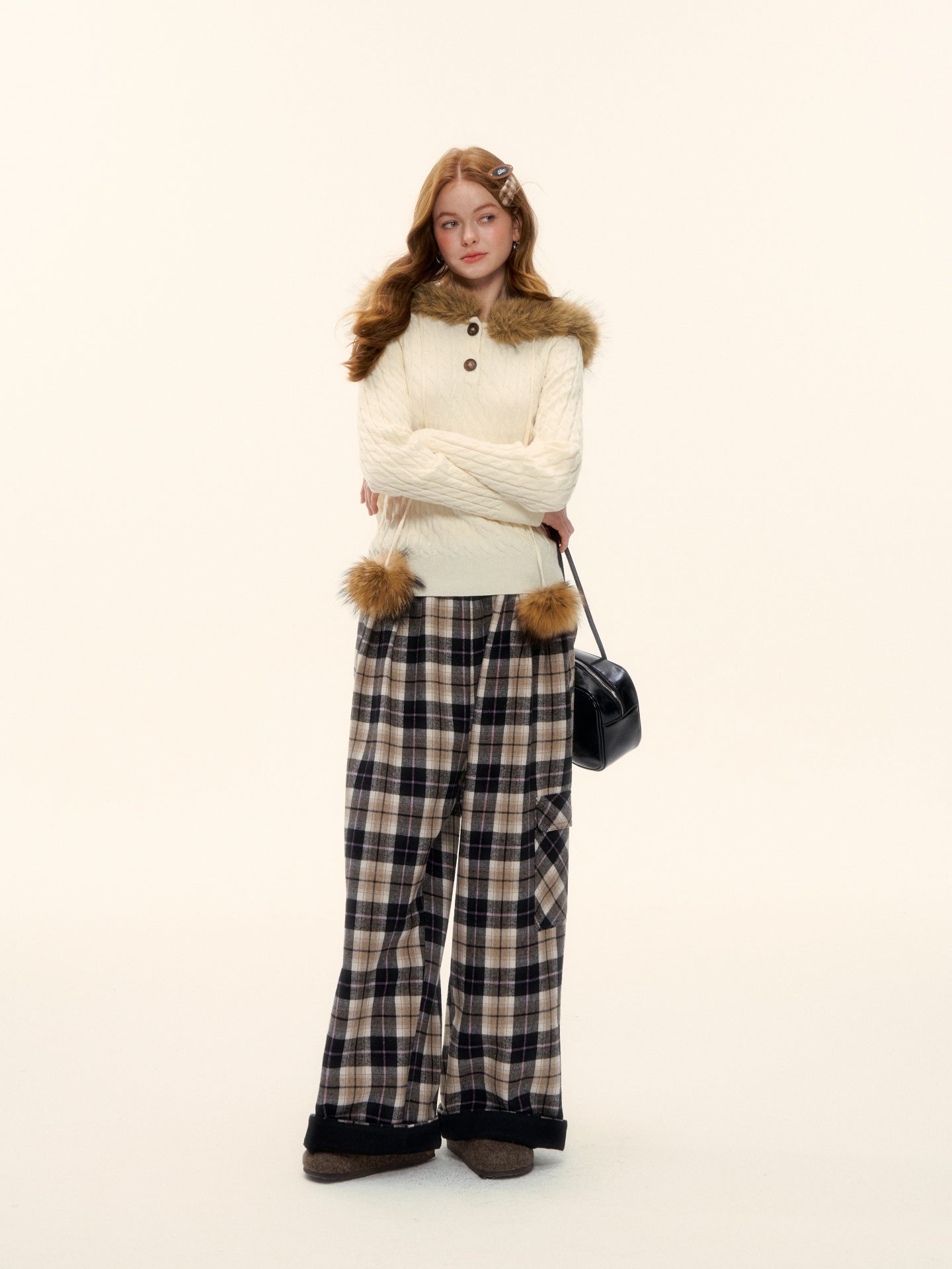 AsGony ASG25629 Elastic plaid wide leg casual pants