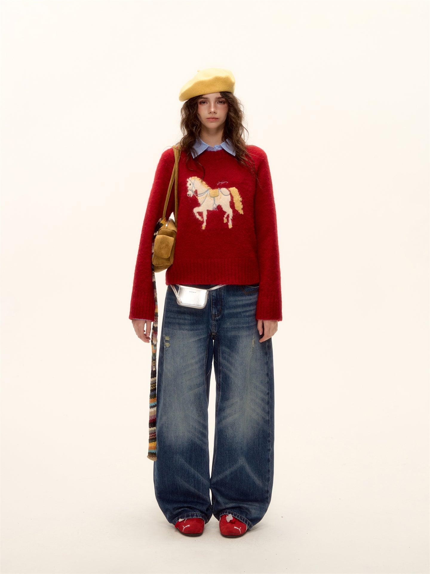 AsGony ASG25480 Wool pony jacquard embroidered round neck sweater