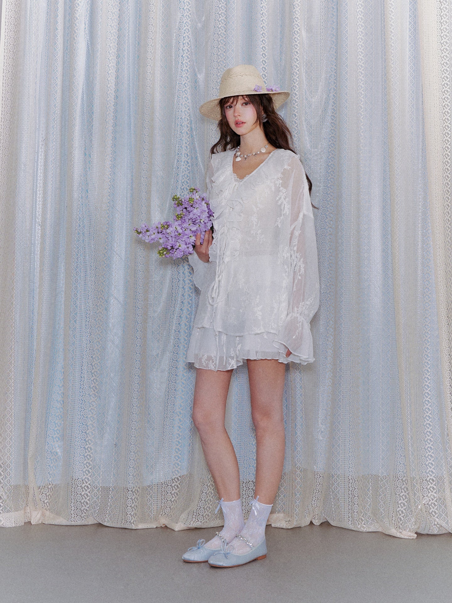 AsGony ASG26015&ASG26016 Chiffon pleated embroidered ruffle edge shirt + skirt
