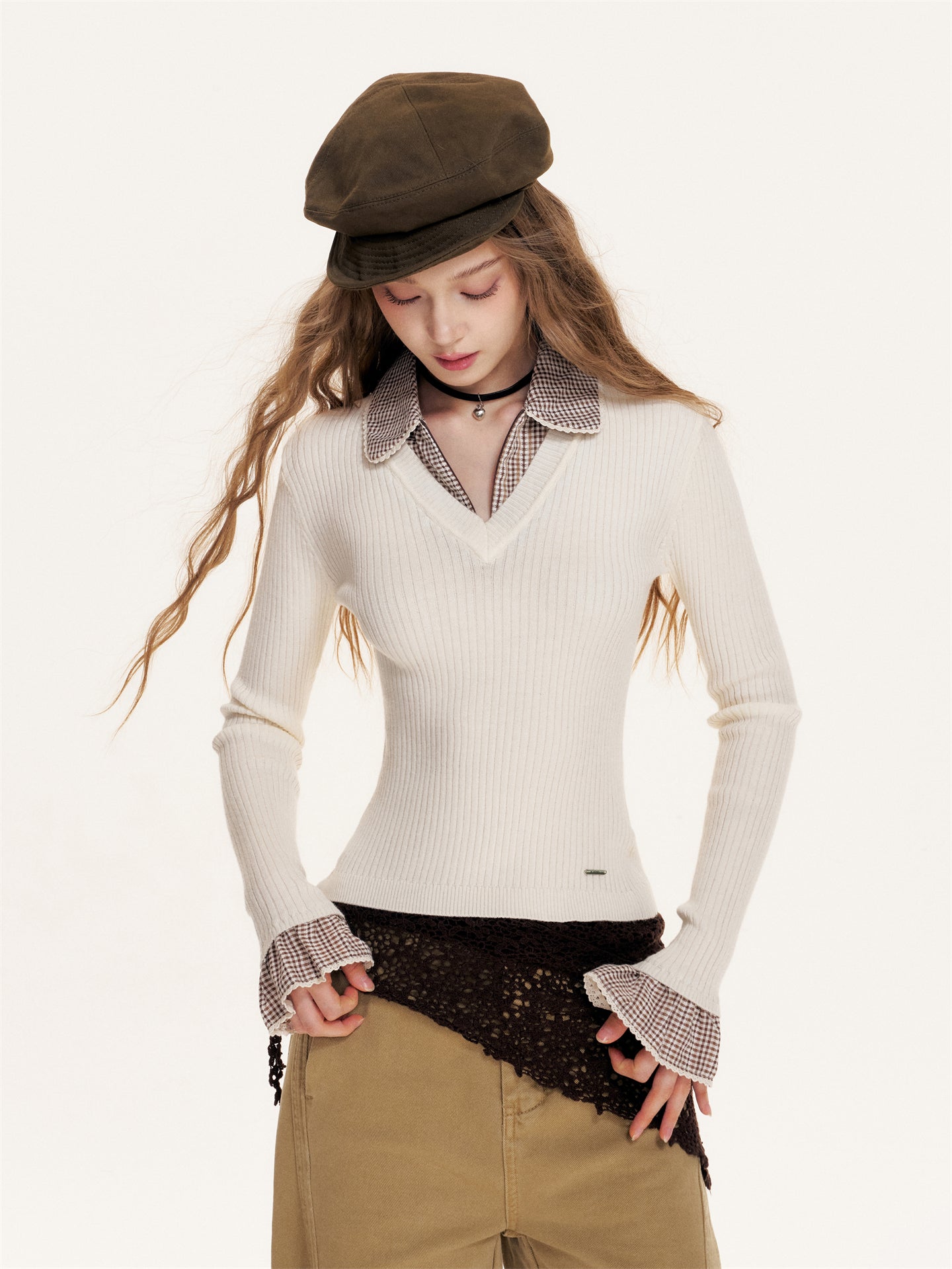 16DEWS 16D25405 Plaid contrasting splicing fake two-piece knitted top