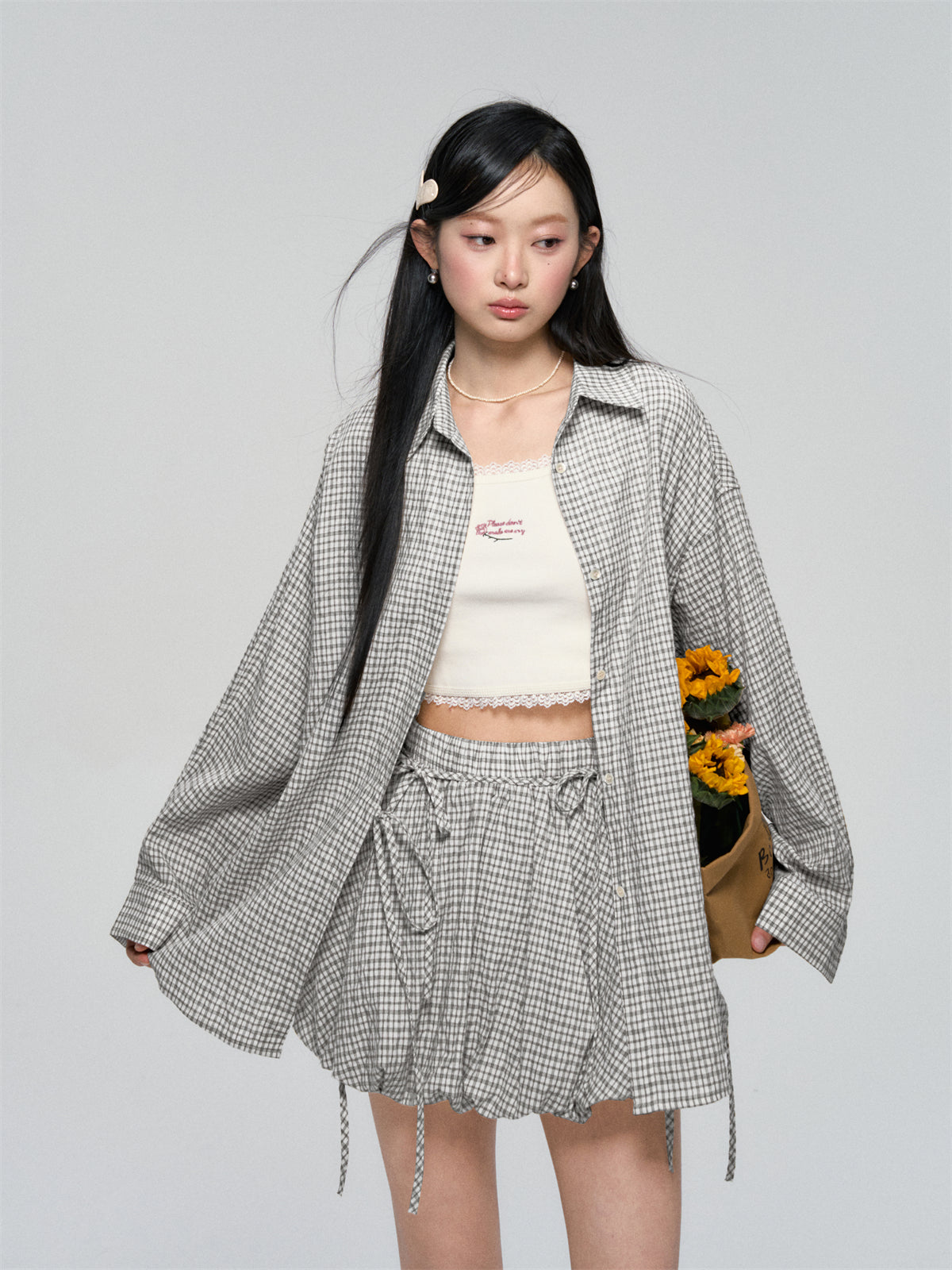 AsGony ASG25059&ASG25060 Lace up casual checkered shirt +skirt set (2color)