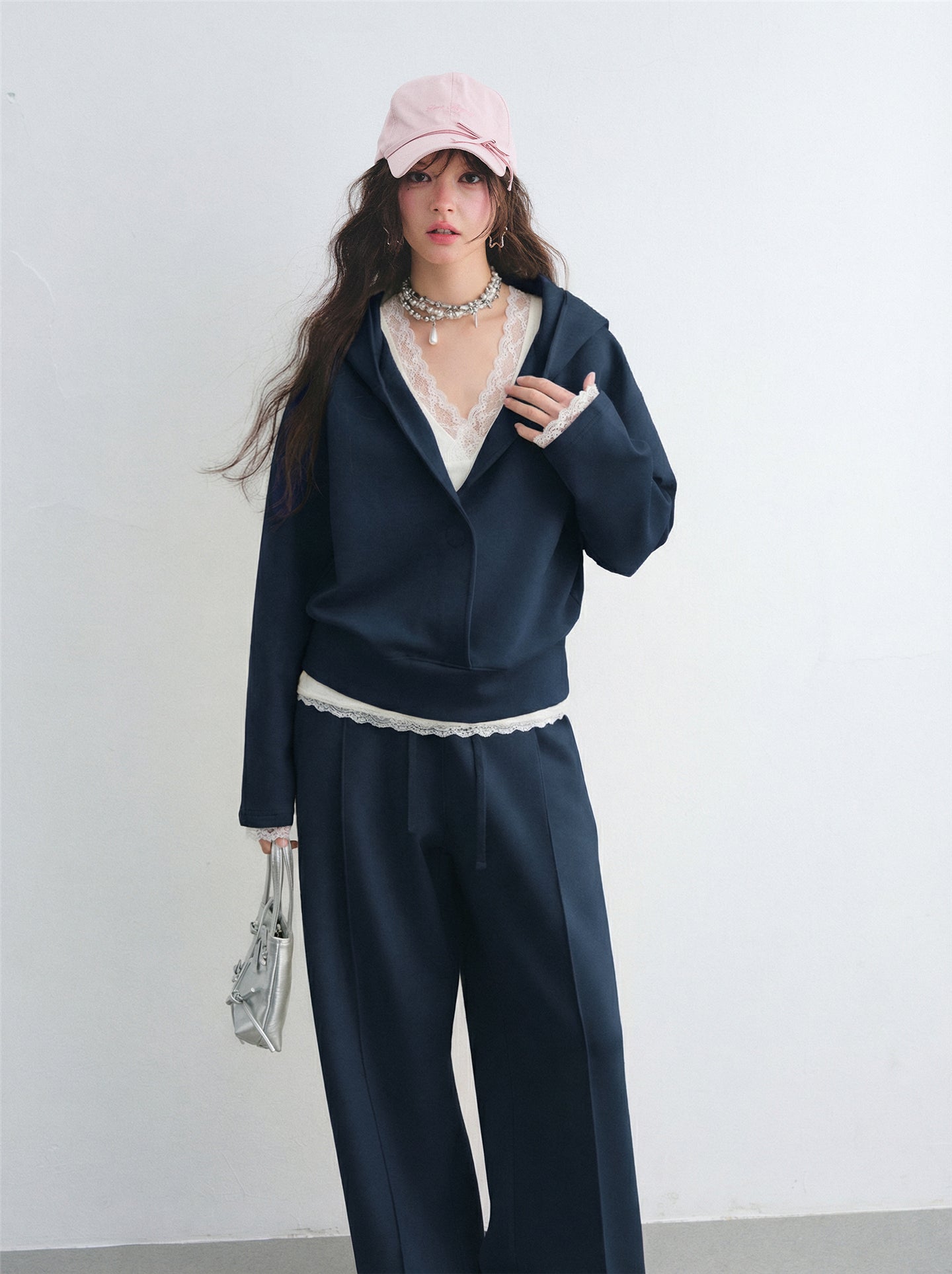 AsGony ASG26038&ASG26039 V-neck cross lace patchwork vest hoodie + pants