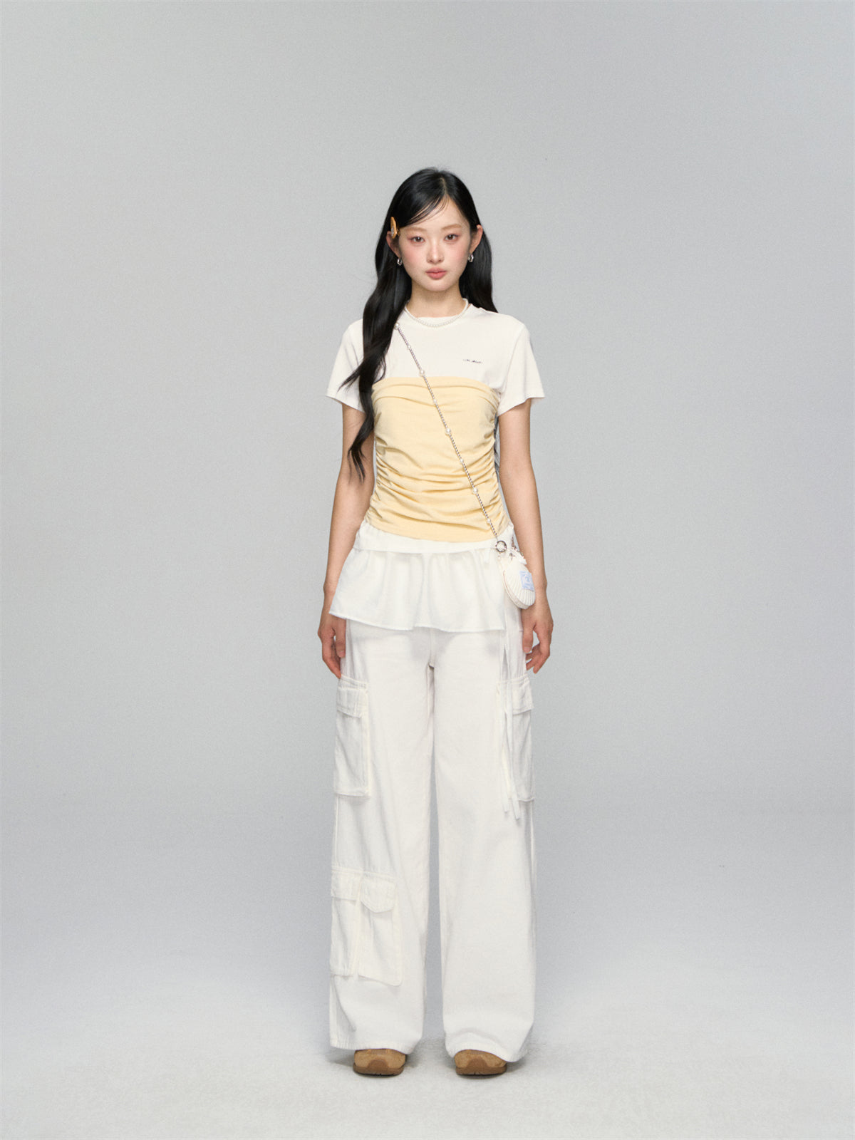 AsGony ASG25108 Fake two piece slim fit short sleeved top (2color)