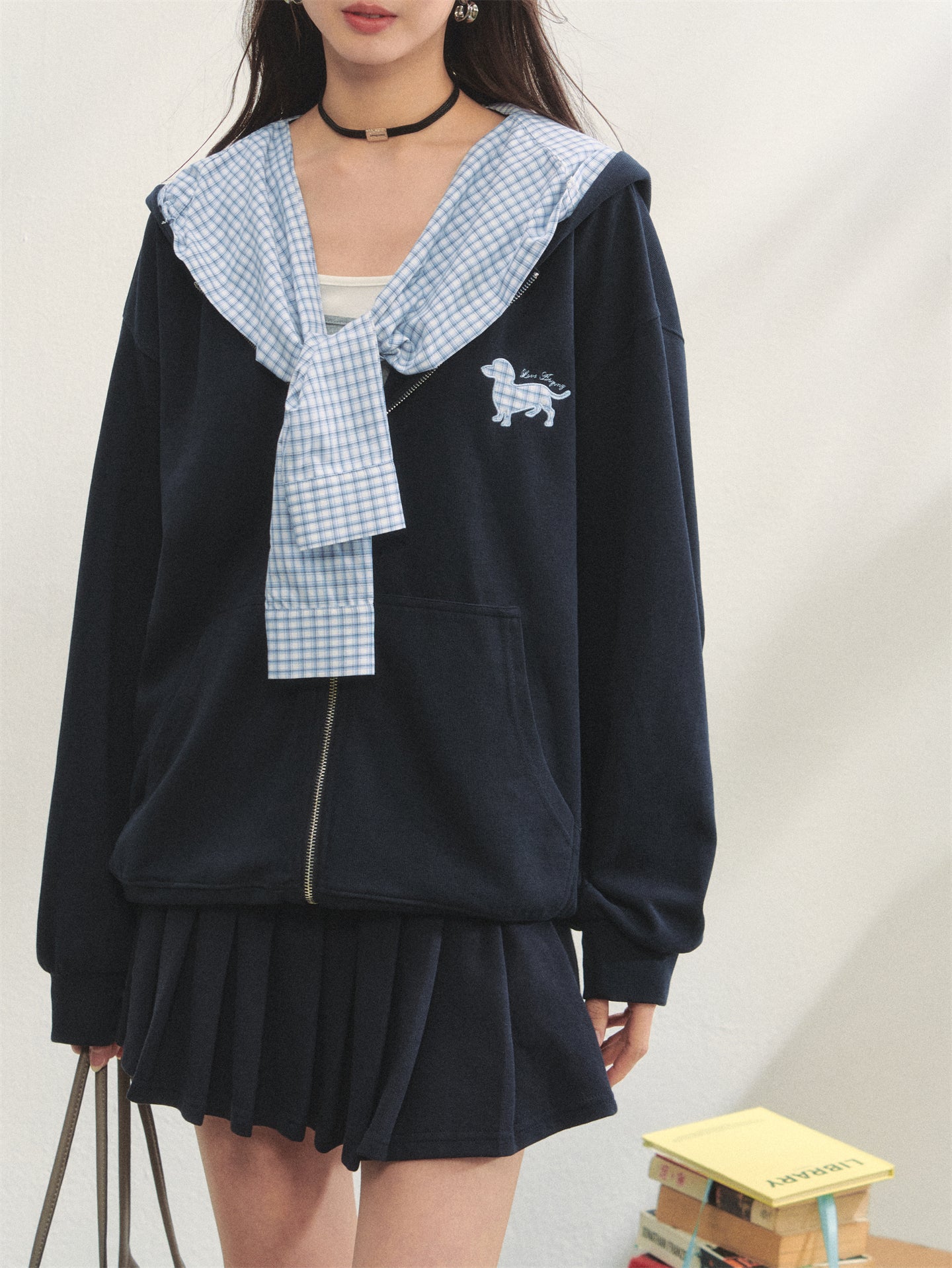 AsGony ASG25269 Detachable plaid strap hooded jacket