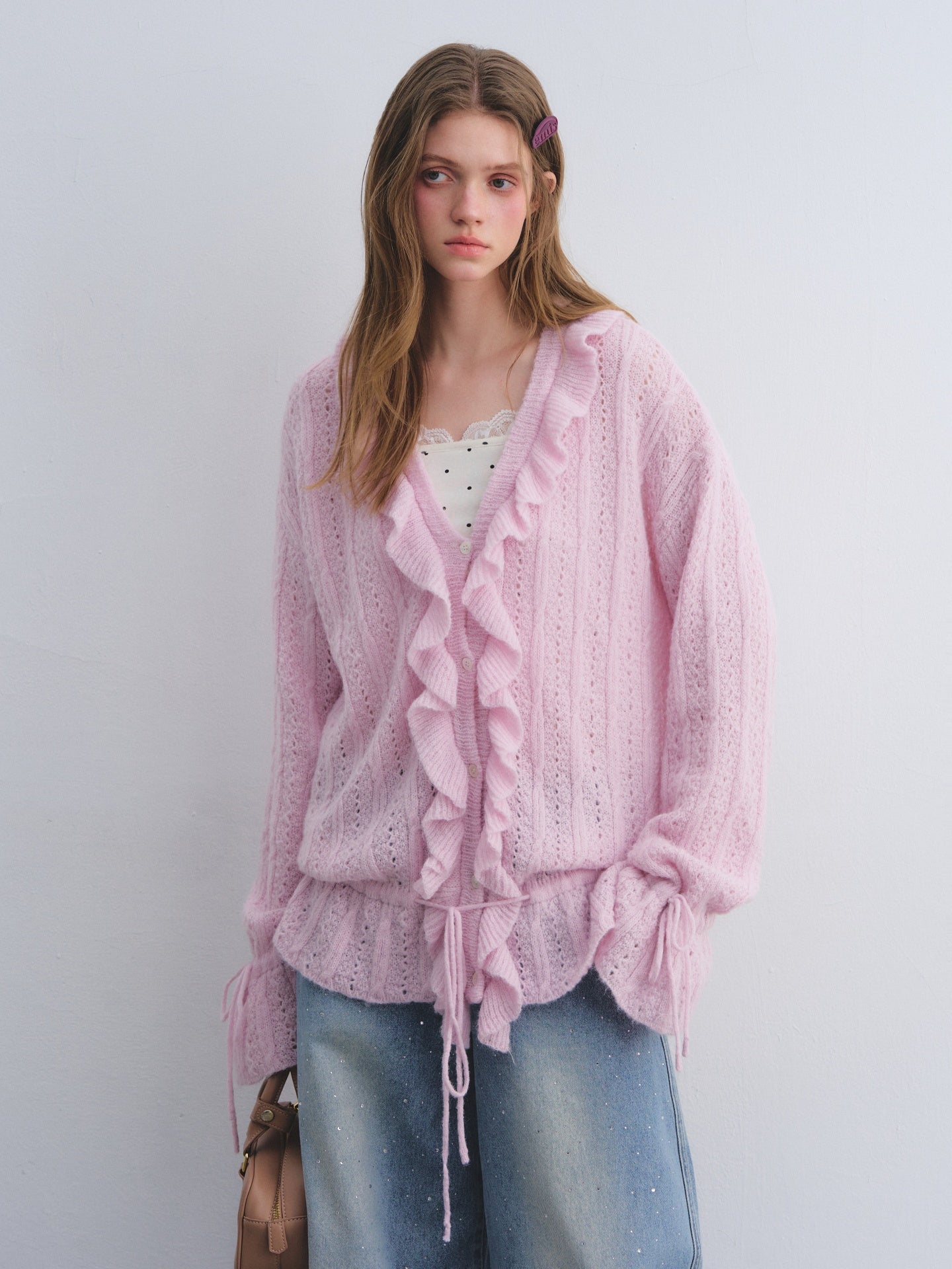AsGony ASG25650 Woolen pleated hollow knitted cardigan