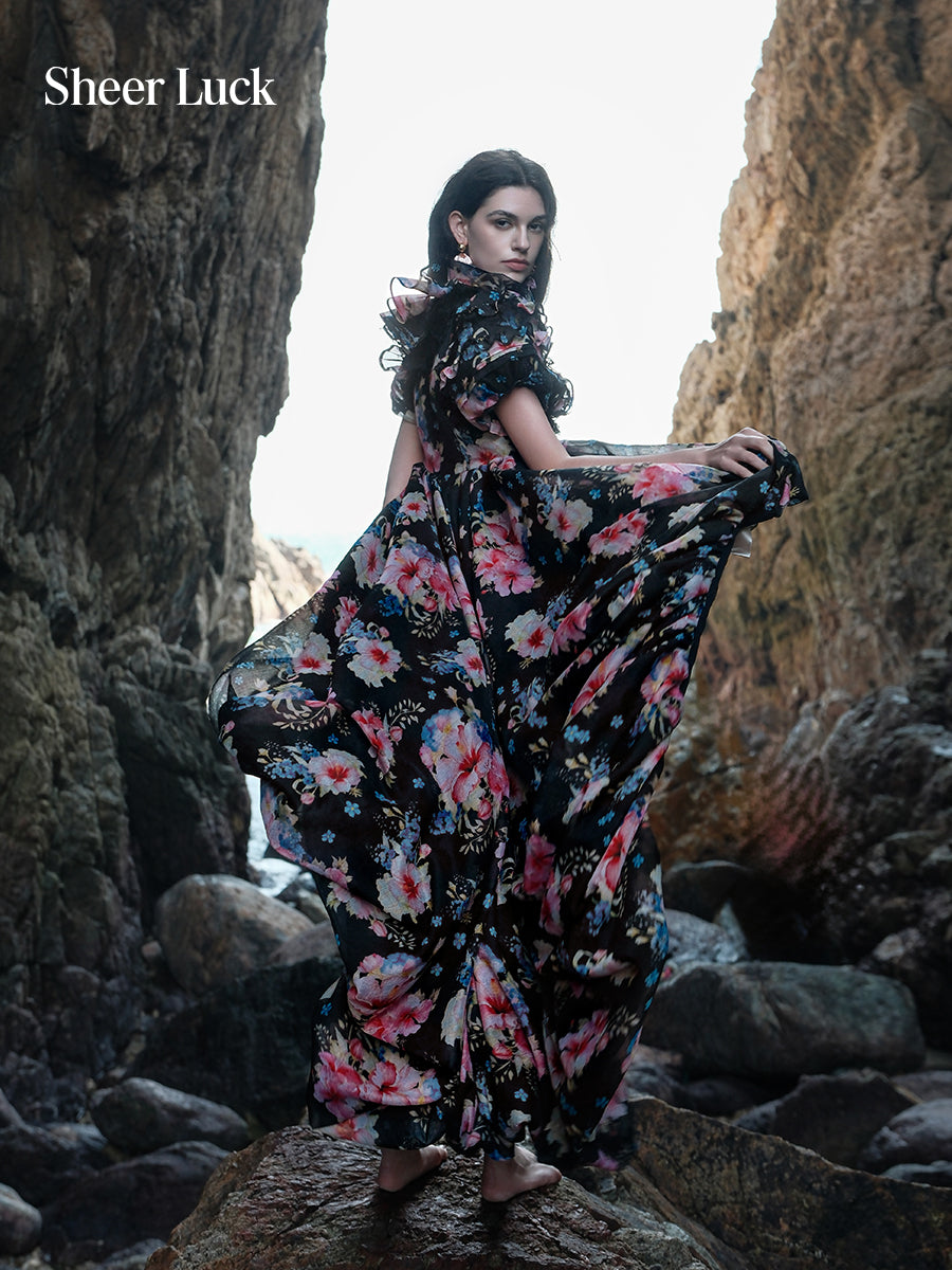 SHEERLUCK SLLYQ26108 Vacation style puffy sleeve trailing dress