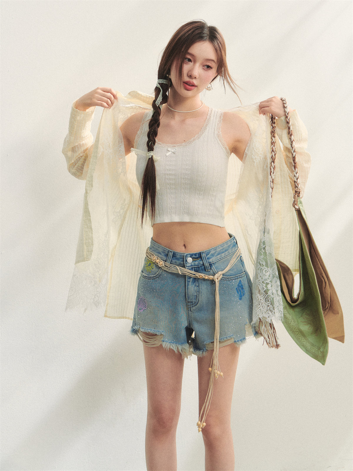 AsGony ASG25217 Striped lace patchwork long sleeved sunscreen shirt