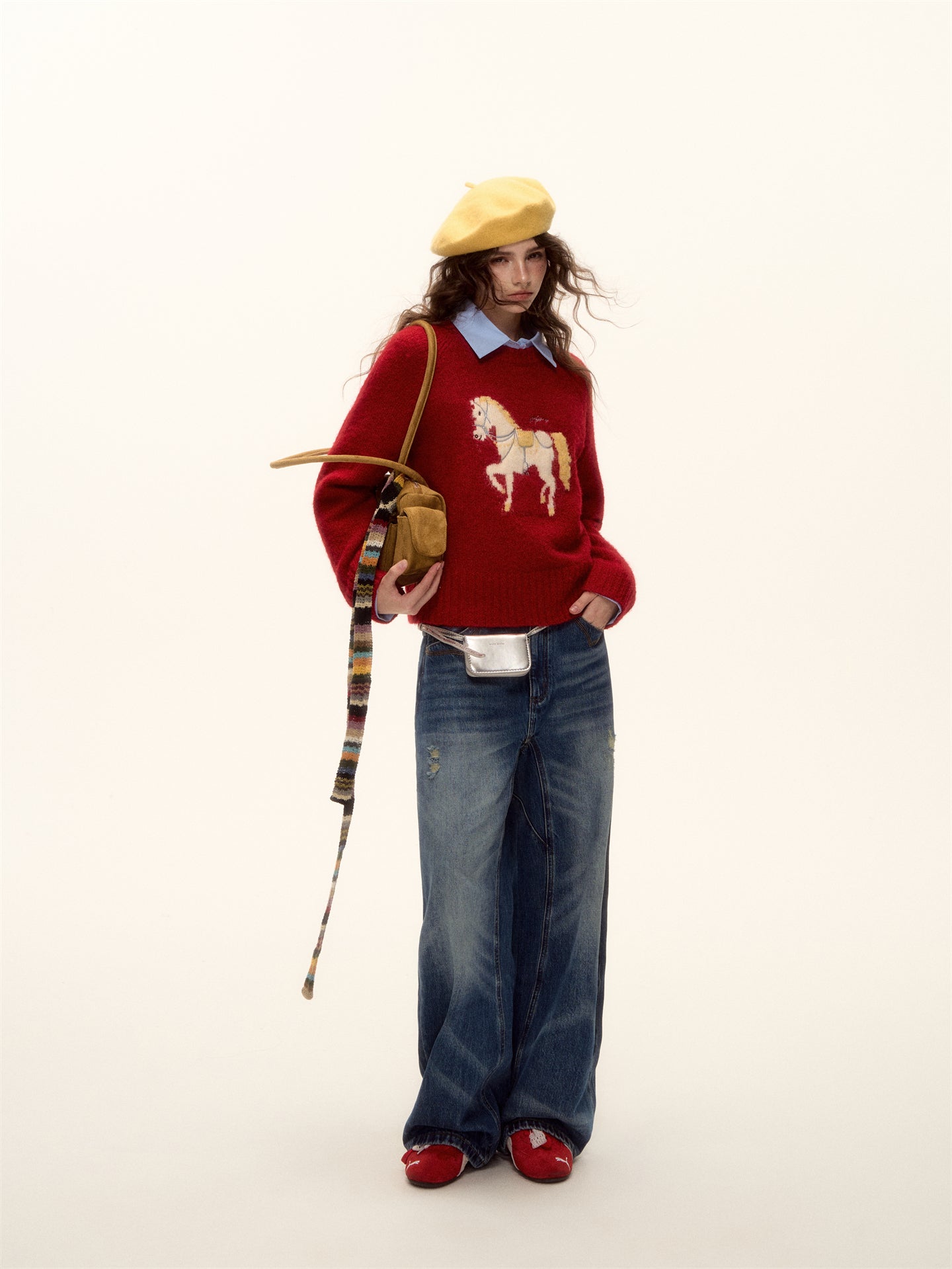 AsGony ASG25480 Wool pony jacquard embroidered round neck sweater