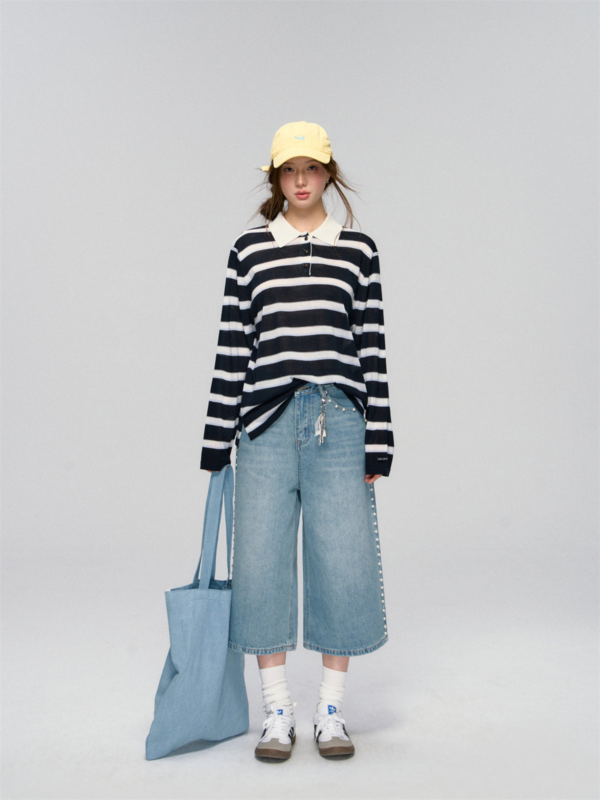 AsGony ASG25036 Striped polo collar loose knit top(2color)