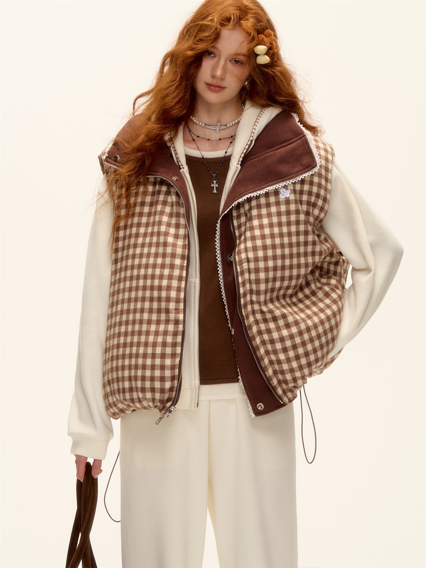 AsGony ASG25503 Double sided plaid lace patchwork vest