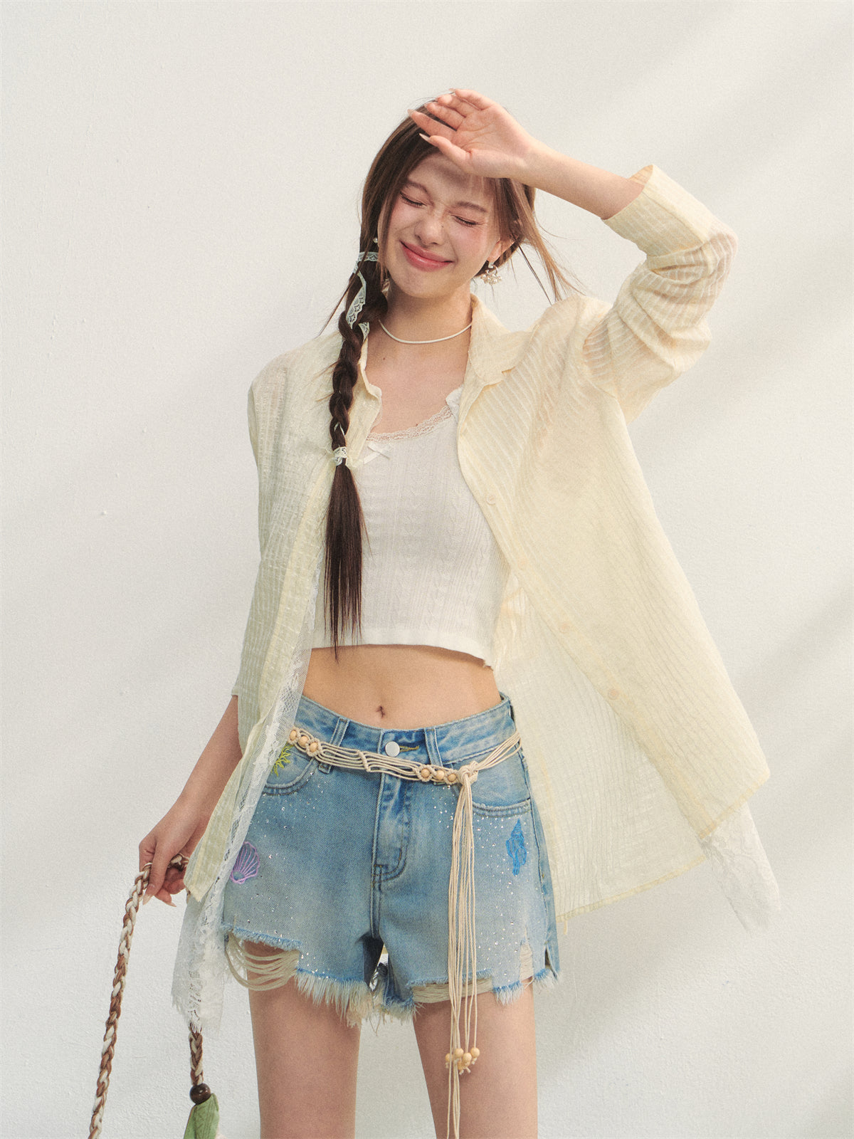 AsGony ASG25217 Striped lace patchwork long sleeved sunscreen shirt