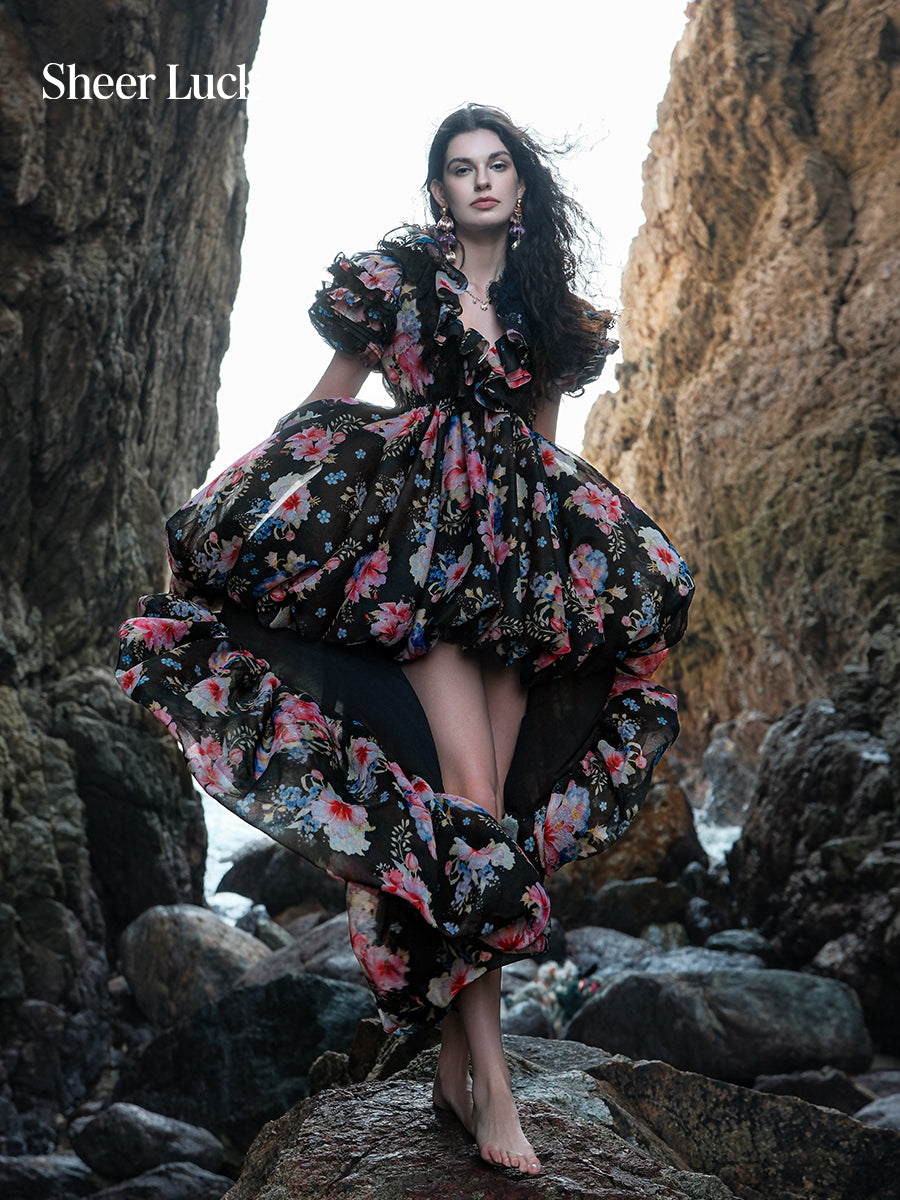 SHEERLUCK SLLYQ26108 Vacation style puffy sleeve trailing dress