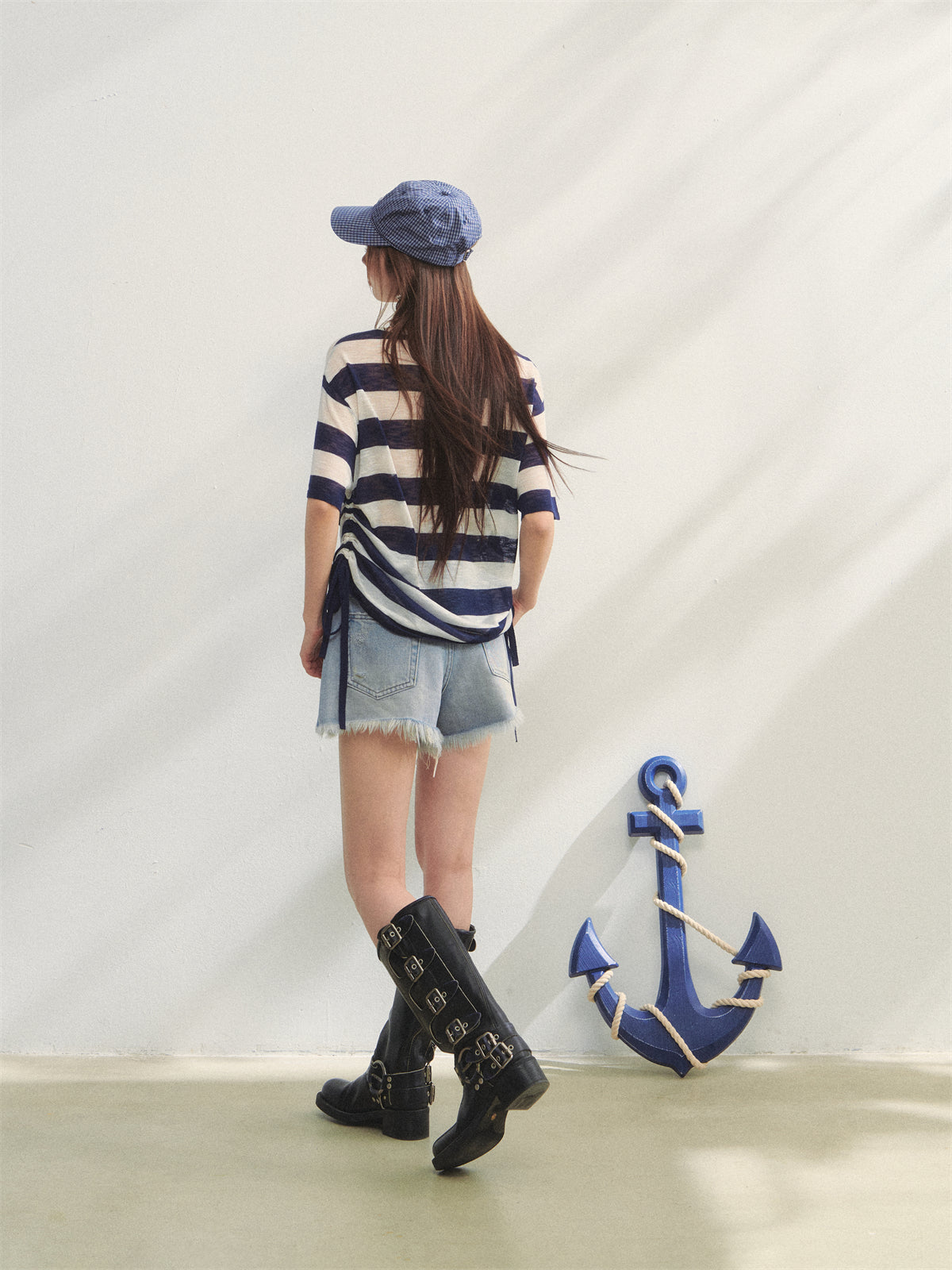 AsGony ASG25235 Ocean style striped embroidered drawstring top