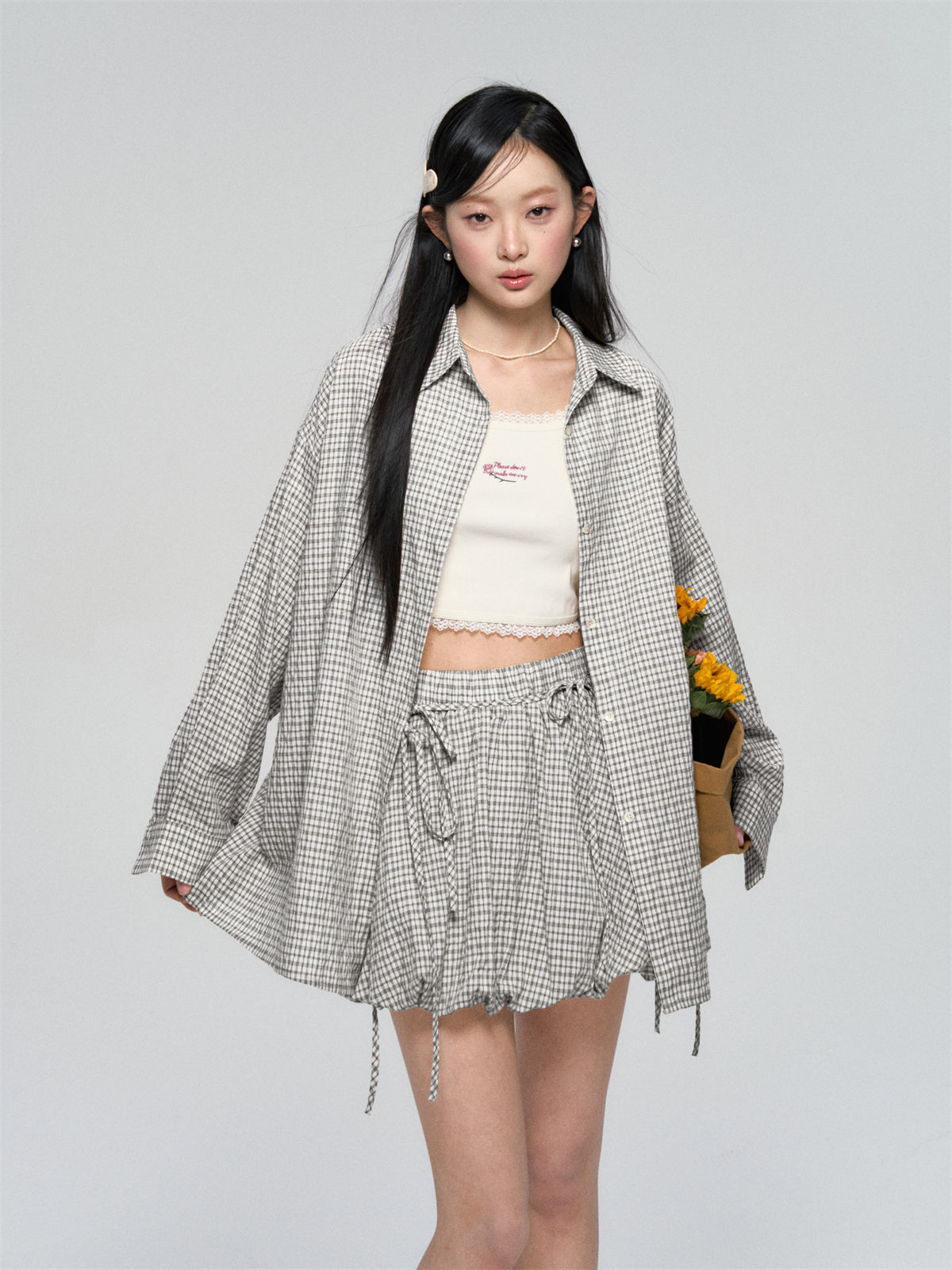 AsGony ASG25059&ASG25060 Lace up casual checkered shirt +skirt set (2color)