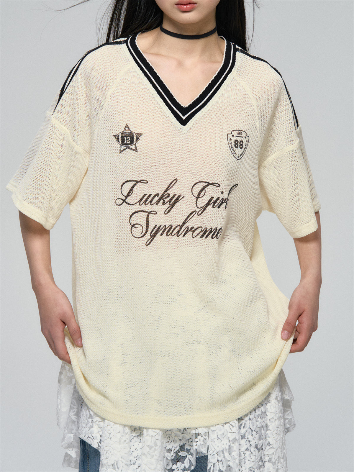 AsGony ASG25080 Jersey style contrasting ribbon T-shirt (2color)