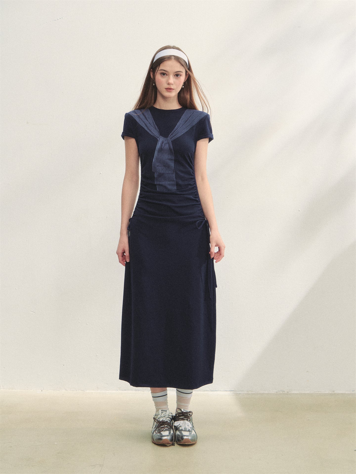 AsGony ASG25261 Printed strap waist cinching knitted dress (2color)