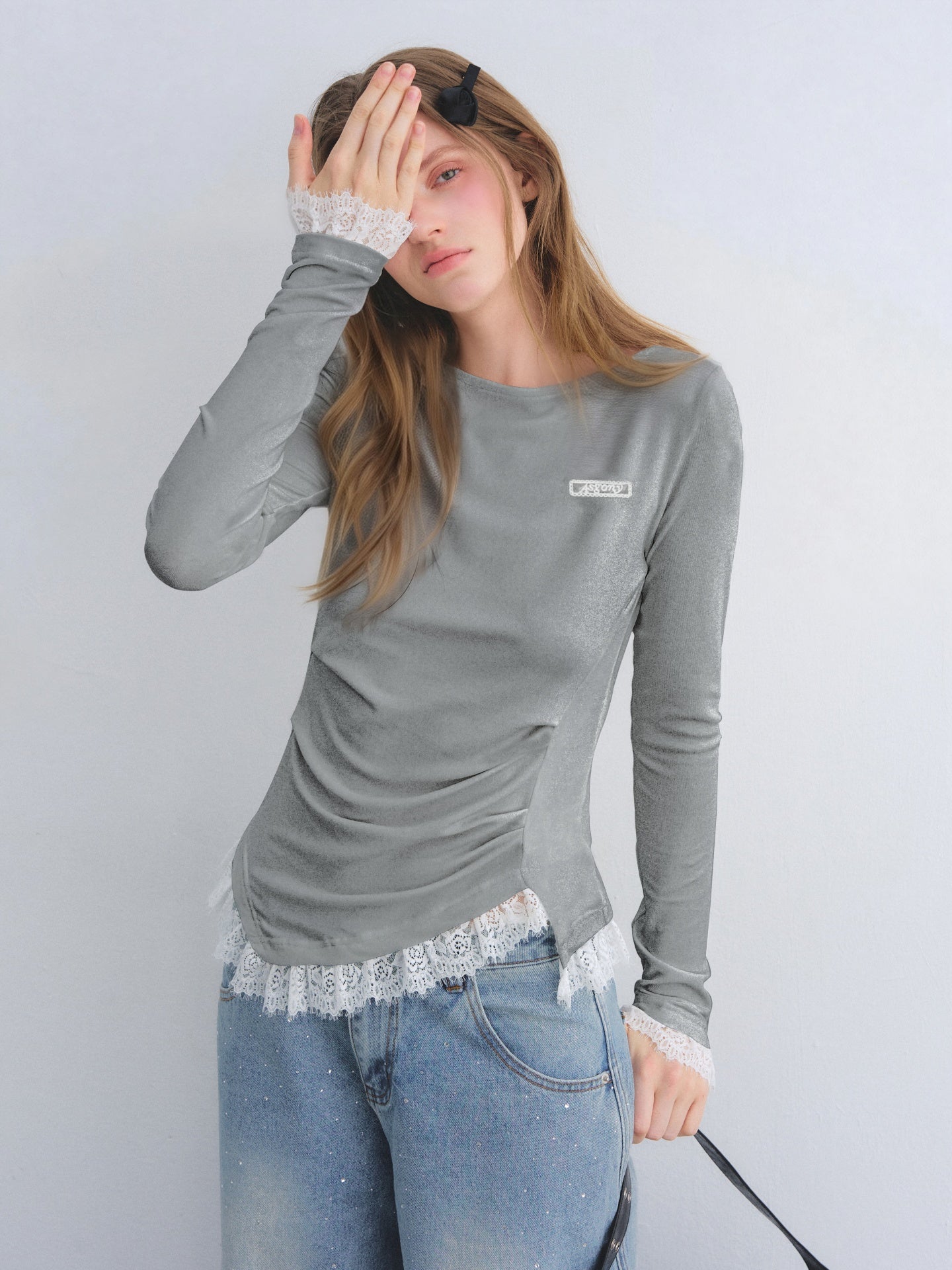 AsGony ASG25680 Irregular lace patchwork waistband bottom top