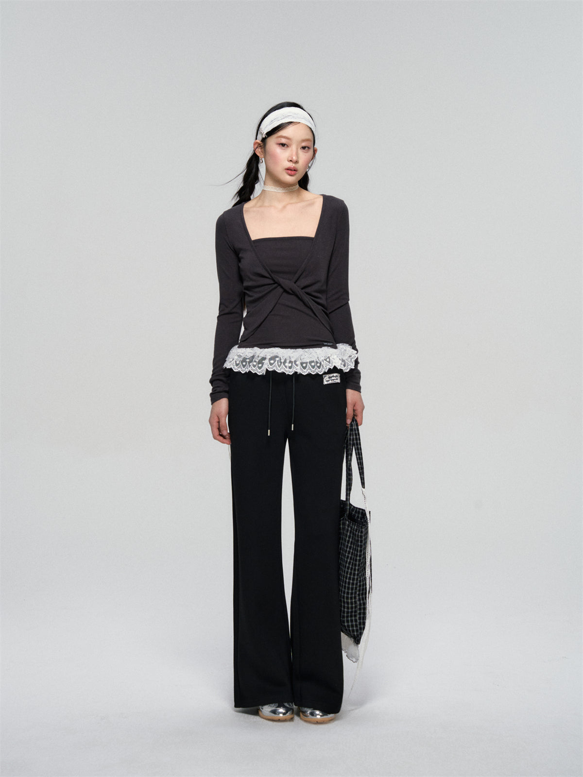 AsGony ASG25081 Lace waist patchwork lace sweatpants (2color)