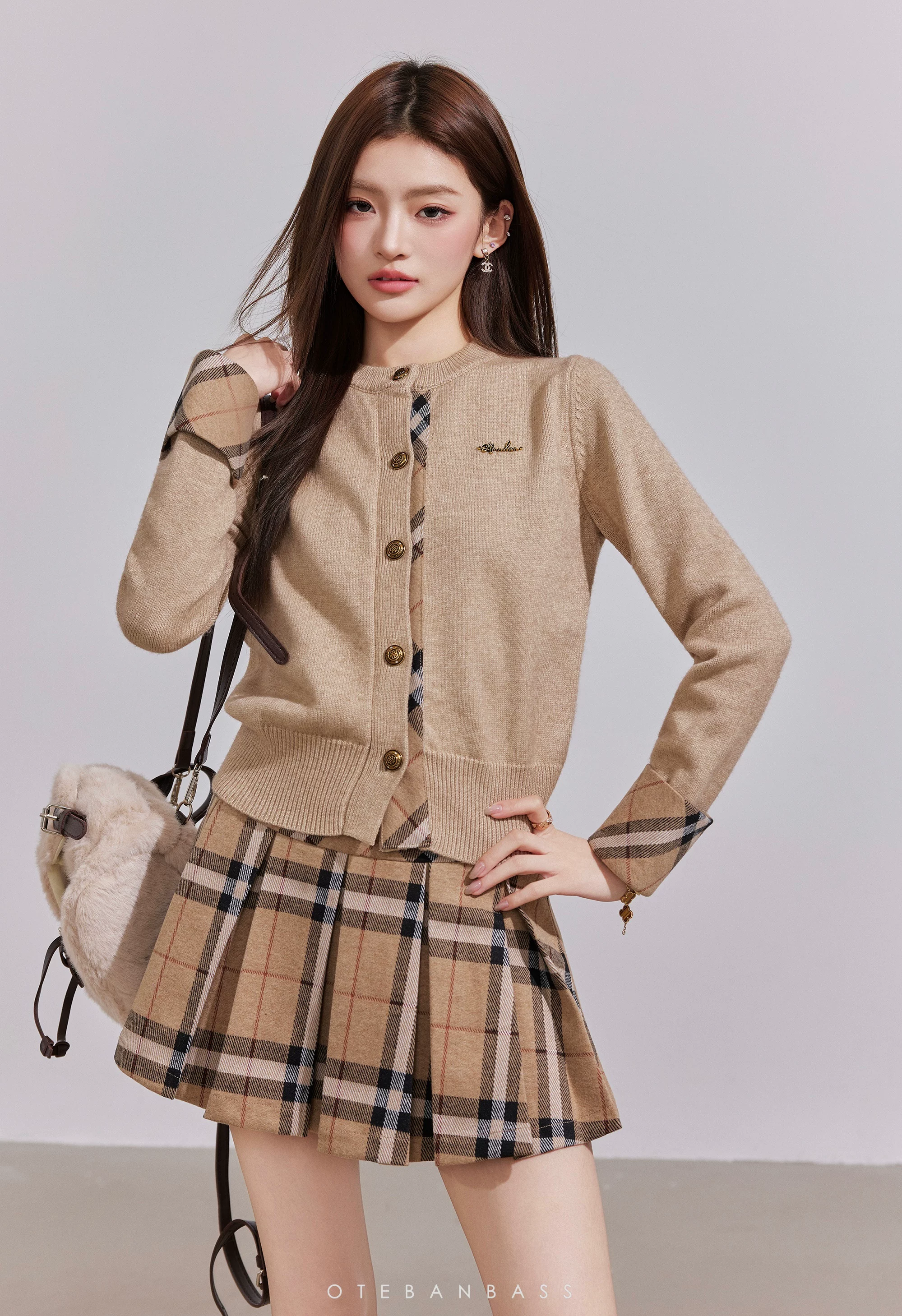 OTEBANBASS Preppy Knit Cardigan & Plaid Skirt Set(SEPERATE)