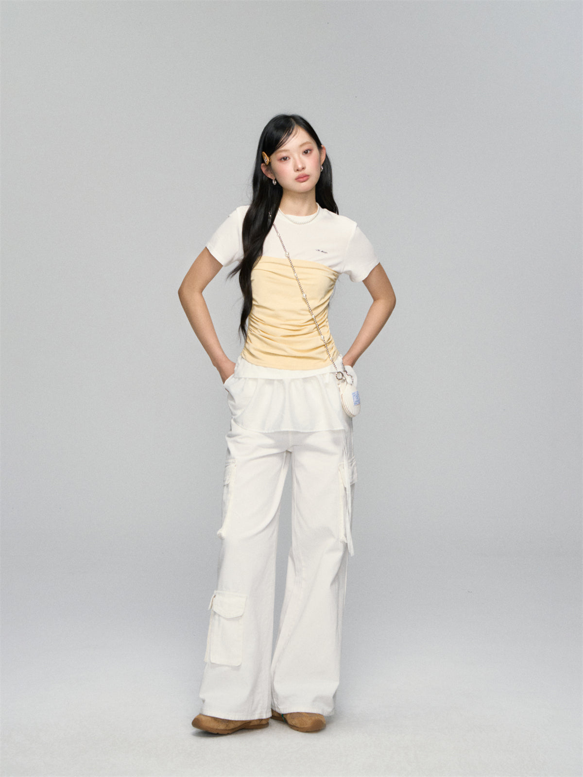 AsGony ASG25108 Fake two piece slim fit short sleeved top (2color)