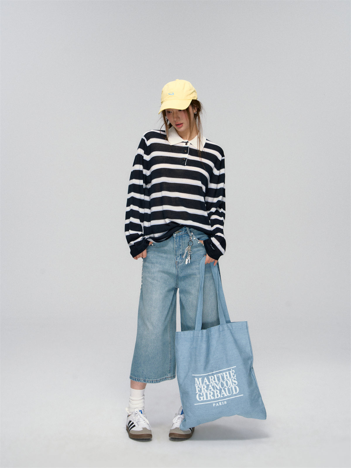 AsGony ASG25036 Striped polo collar loose knit top(2color)