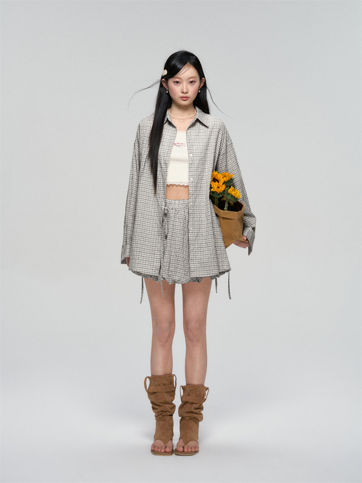 AsGony ASG25059&ASG25060 Lace up casual checkered shirt +skirt set (2color)