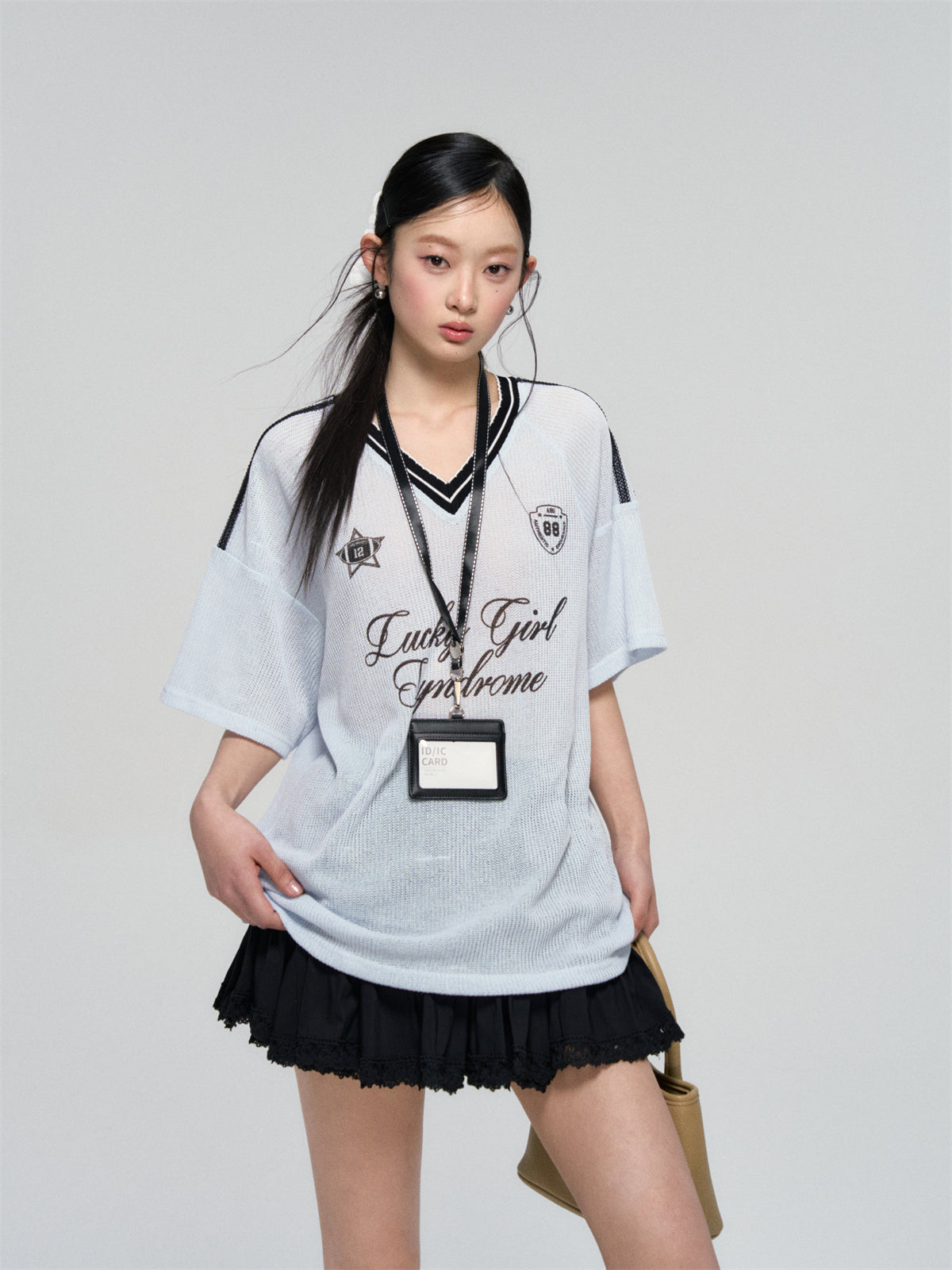 AsGony ASG25080 Jersey style contrasting ribbon T-shirt (2color)