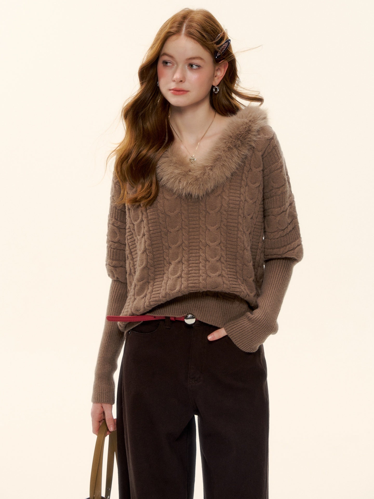 AsGony ASG25627 V-neck wool strip twisted flower sheep leg sleeve knitted sweater