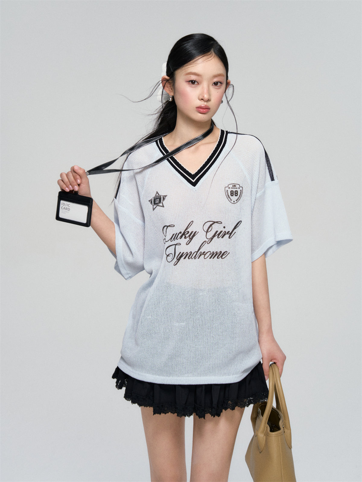 AsGony ASG25080 Jersey style contrasting ribbon T-shirt (2color)