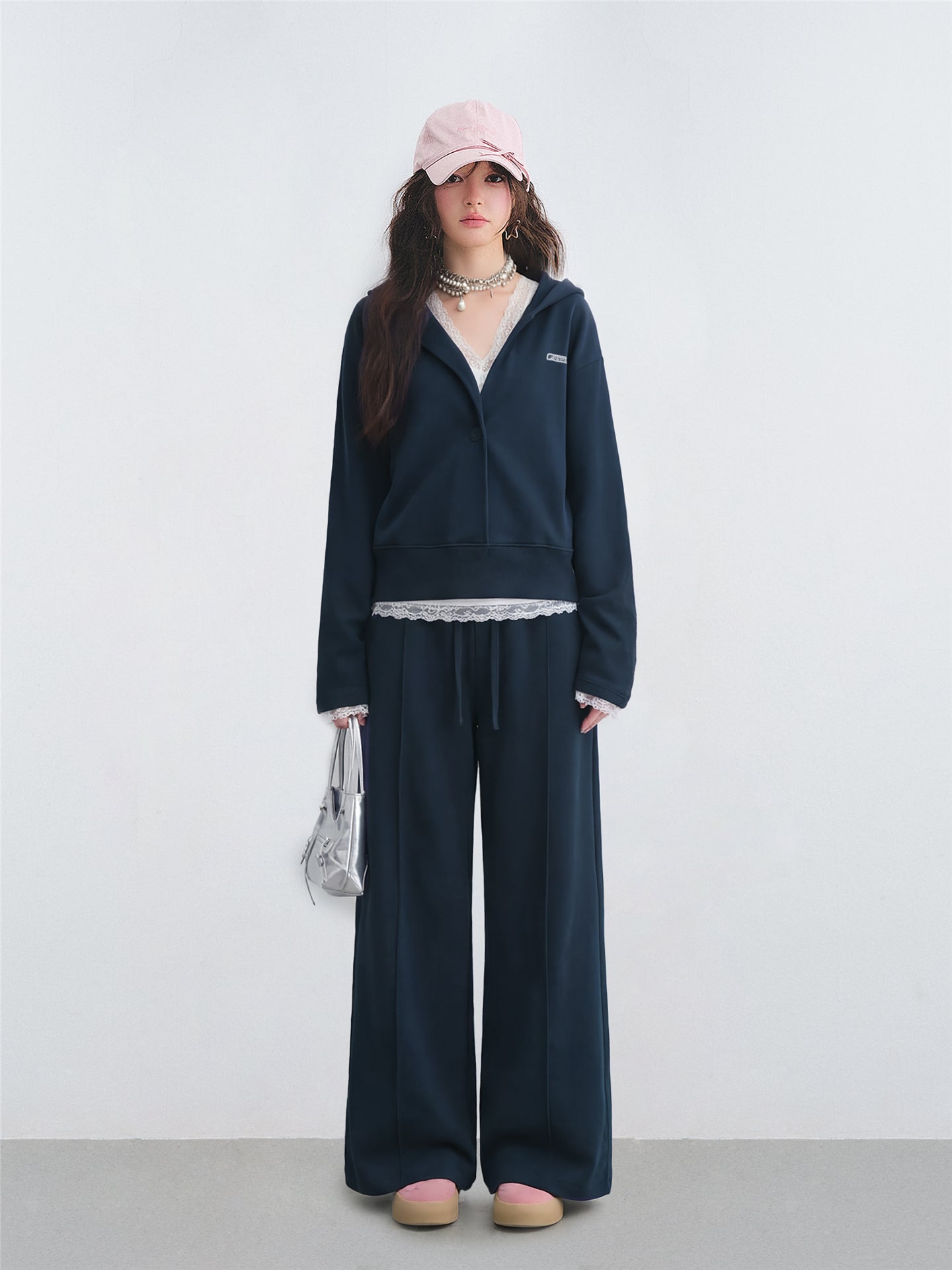 AsGony ASG26038&ASG26039 V-neck cross lace patchwork vest hoodie + pants