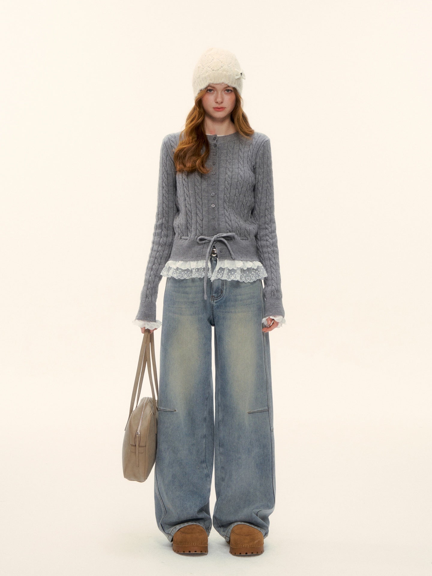 AsGony ASG25622 Lace hem patchwork knit sweater