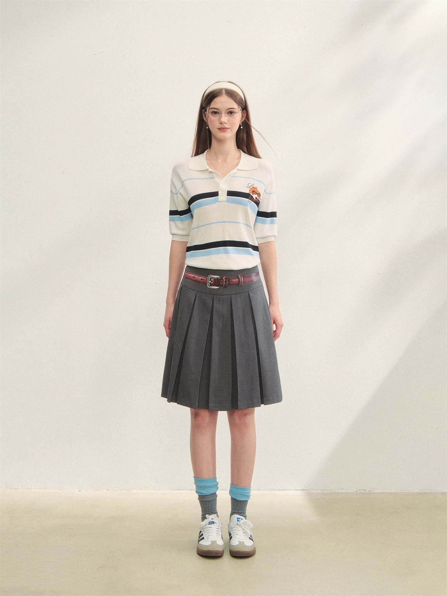 AsGony ASG25270 Puppy embroidery striped polo shirt