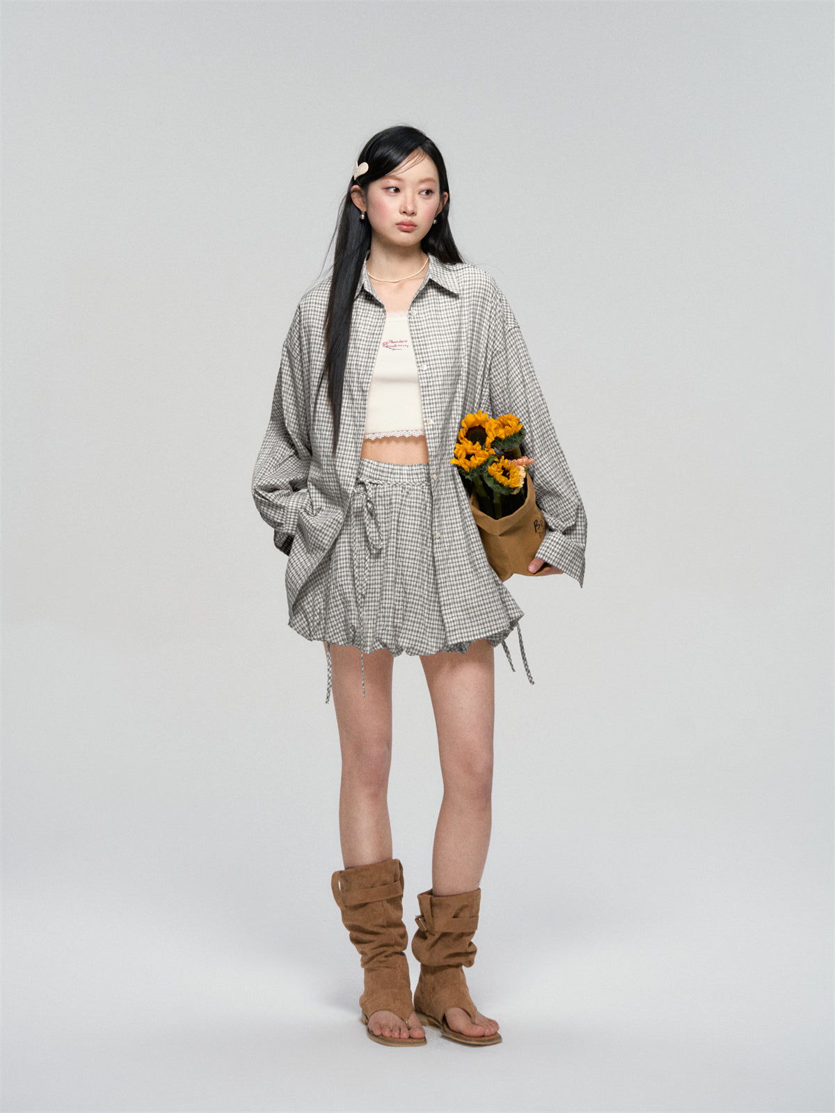 AsGony ASG25059&ASG25060 Lace up casual checkered shirt +skirt set (2color)