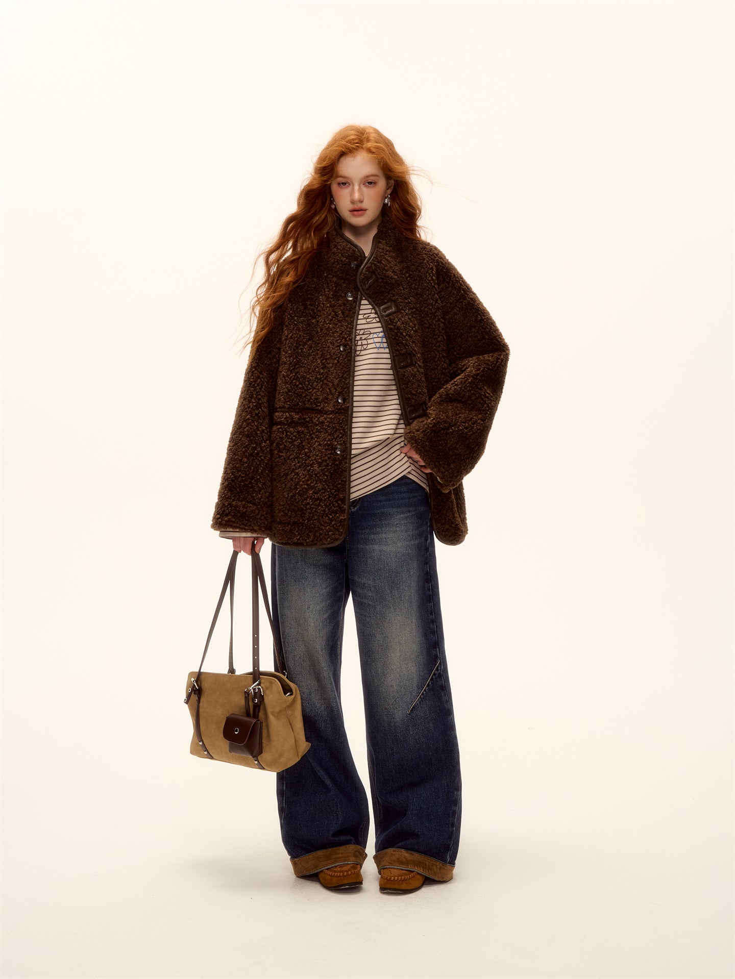 AsGony ASG25469 Double sided fur integrated suede lamb coat