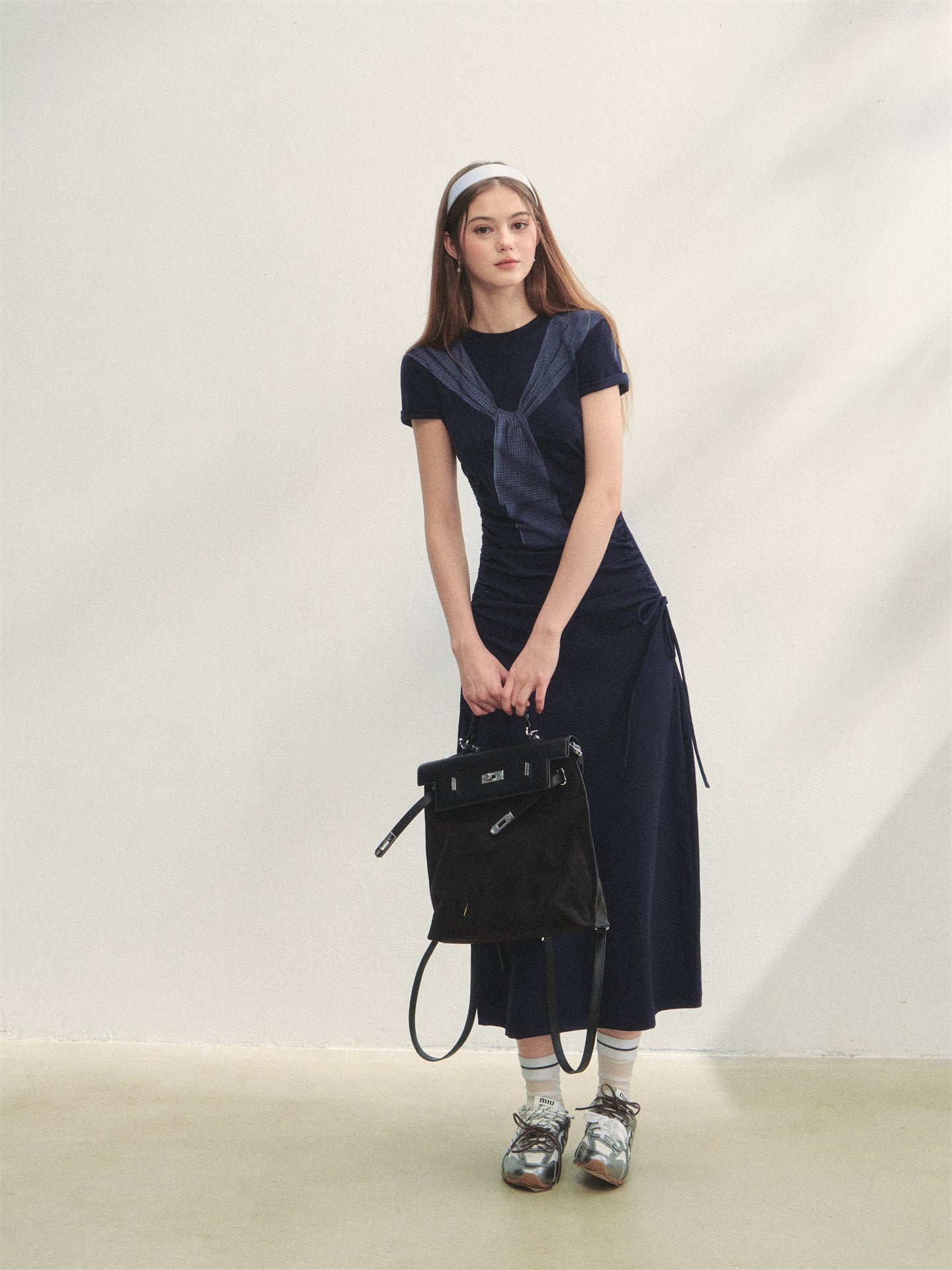 AsGony ASG25261 Printed strap waist cinching knitted dress (2color)