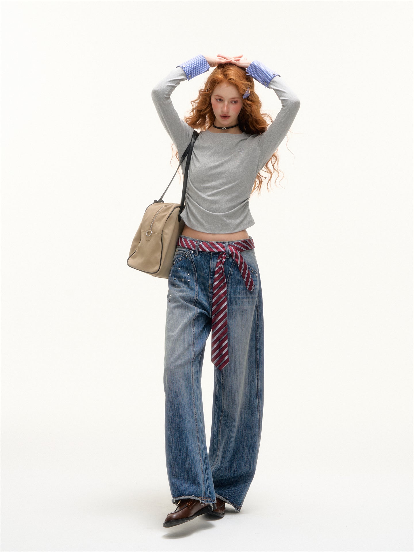 AsGony ASG25387 Detachable plaid round neck bottom top with detachable cuffs