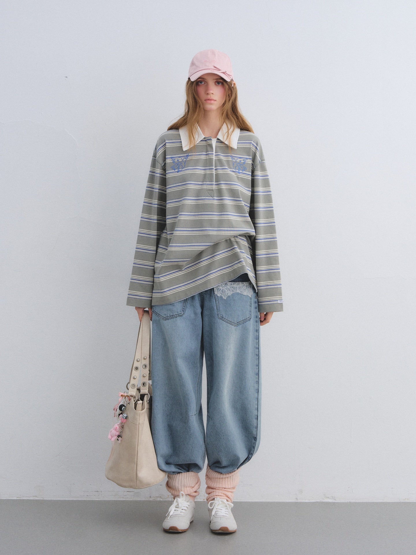 AsGony ASG25646 Collar patchwork striped embroidered long sleeved polo shirt