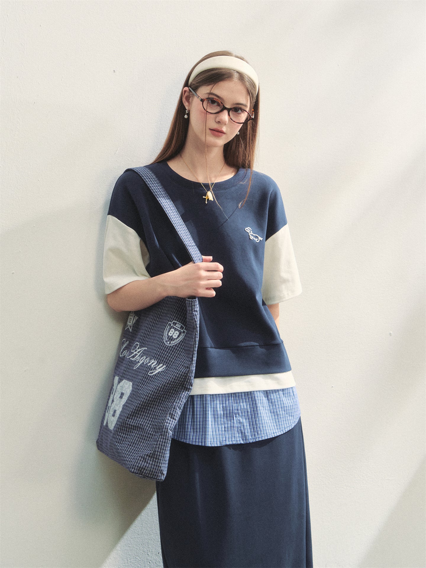 AsGony ASG25267 Plaid patchwork short sleeved top + skirt set (2color)