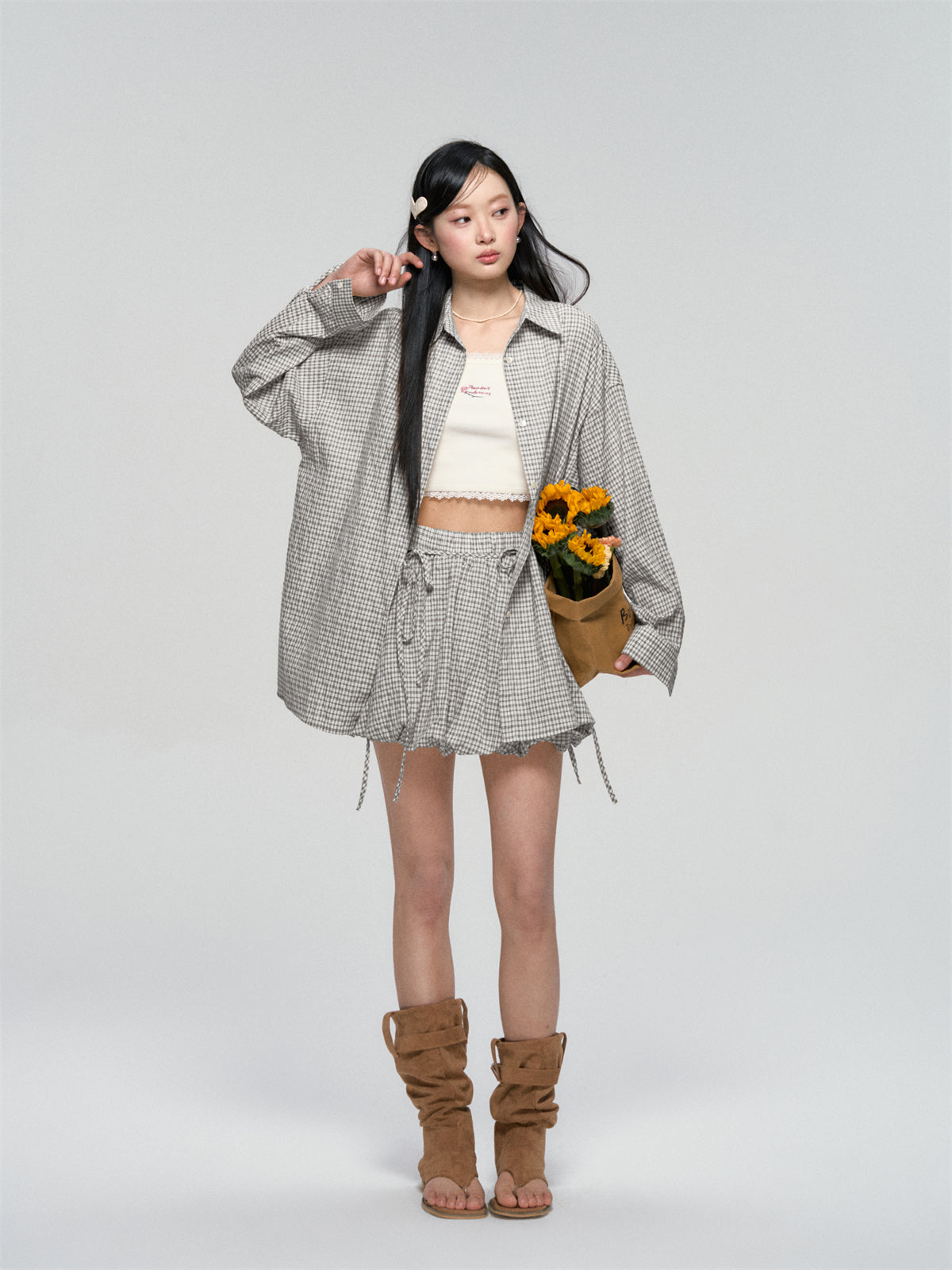 AsGony ASG25059&ASG25060 Lace up casual checkered shirt +skirt set (2color)