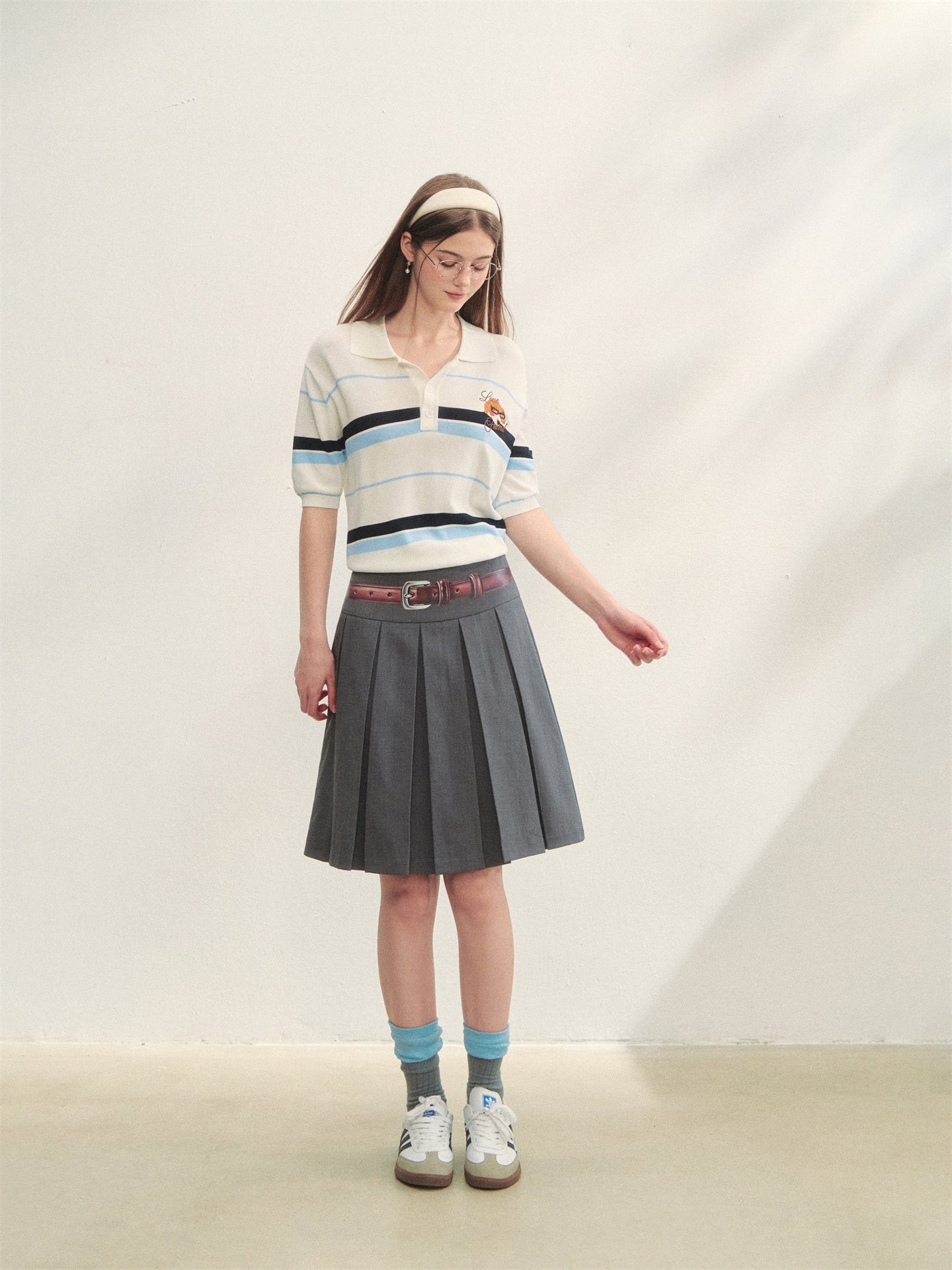 AsGony ASG25270 Puppy embroidery striped polo shirt