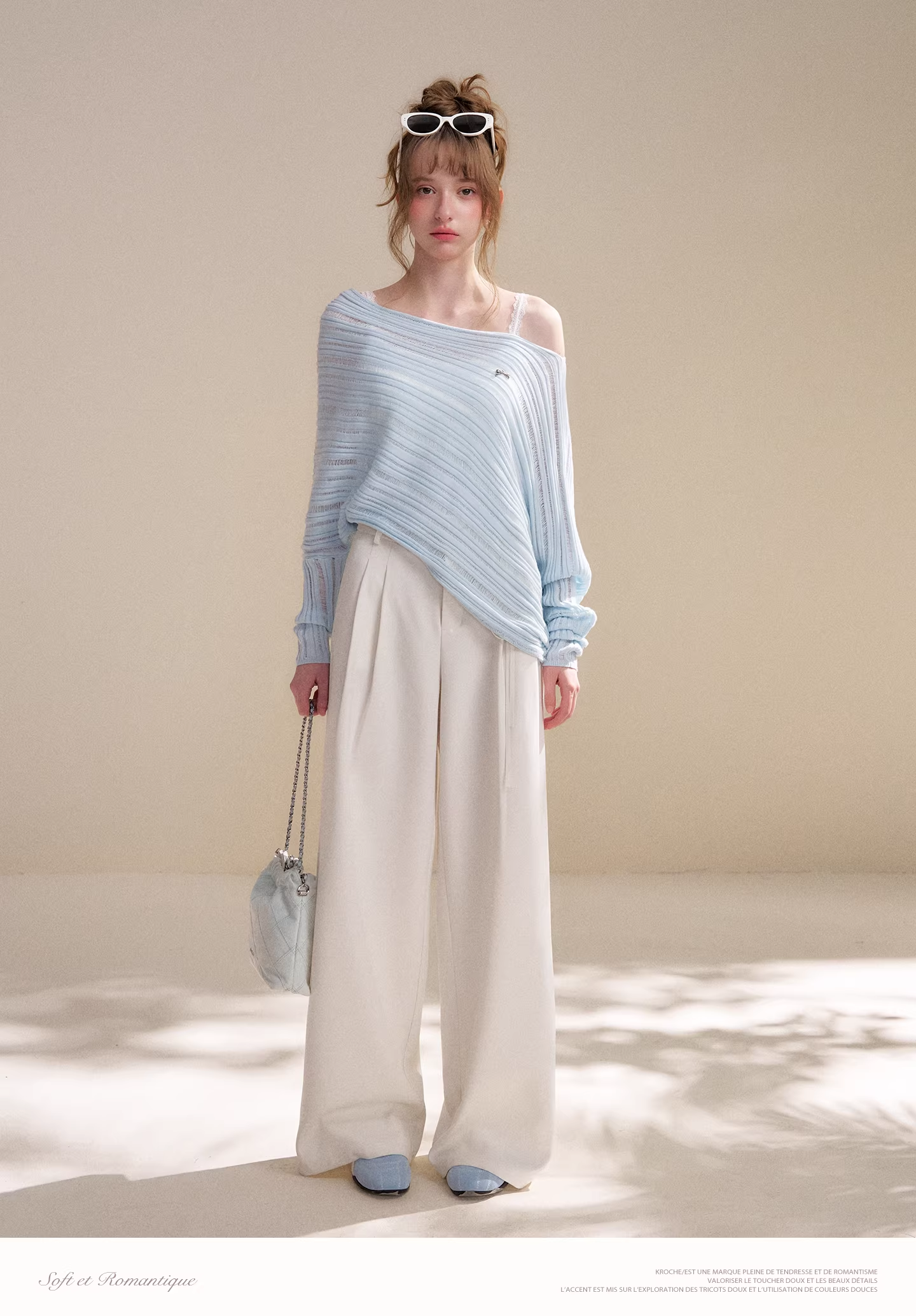Kroche KP9080 Cutout Batwing Sleeve Knit Top &Pearl Pants