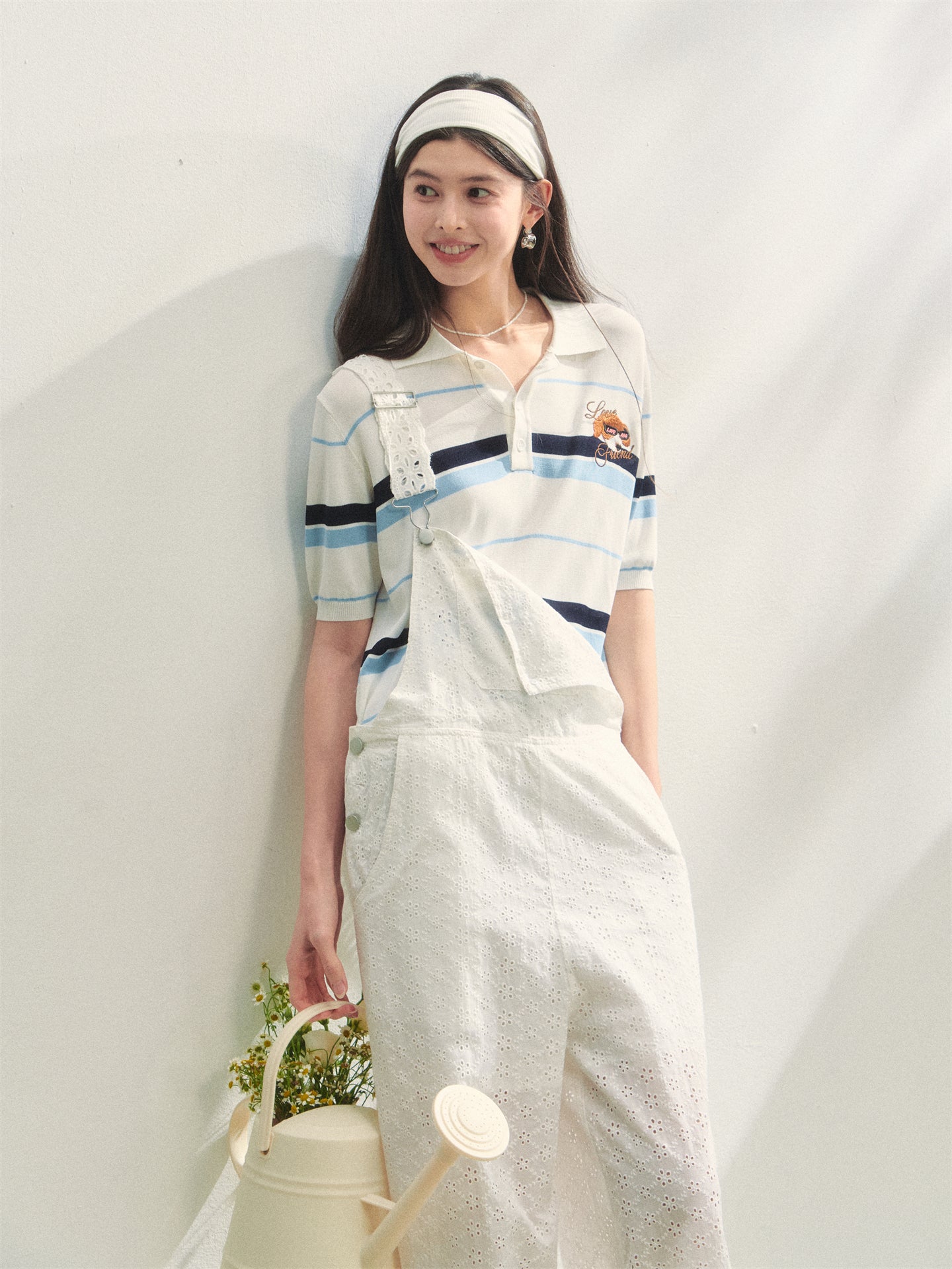 AsGony ASG25270 Puppy embroidery striped polo shirt