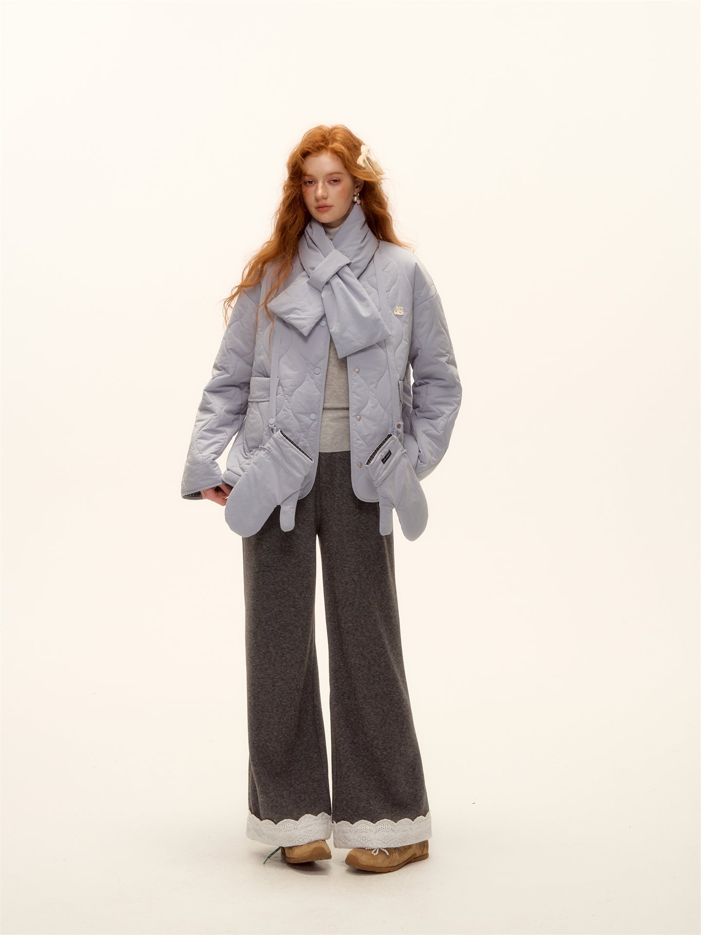 AsGony ASG25456 Double sided plaid scarf gloves cotton suit set