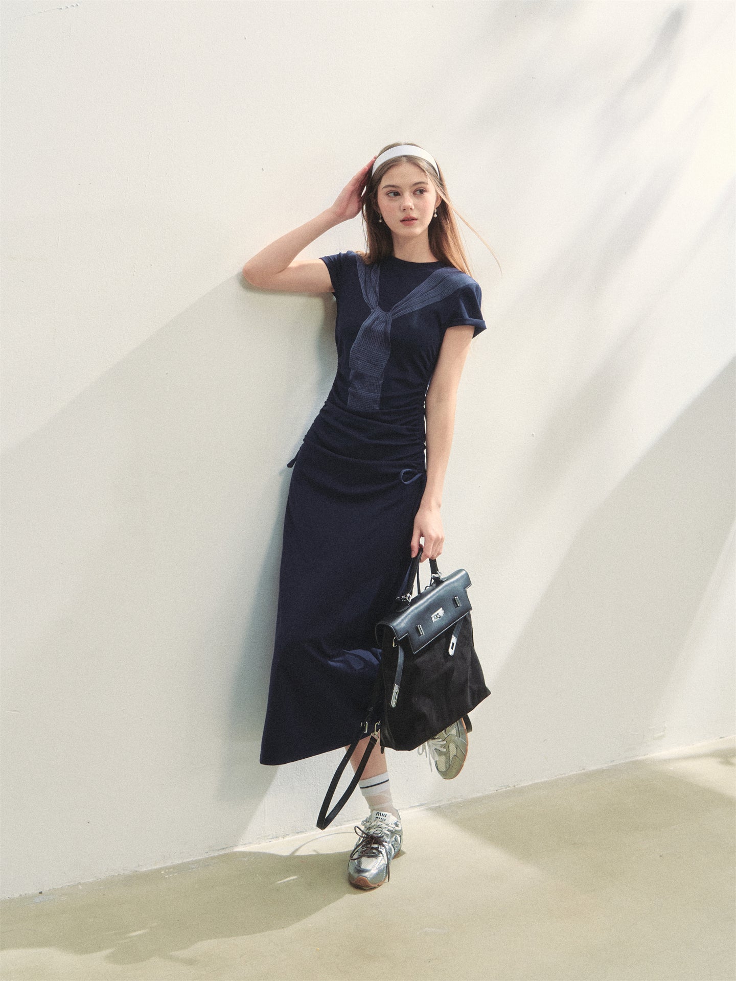 AsGony ASG25261 Printed strap waist cinching knitted dress (2color)