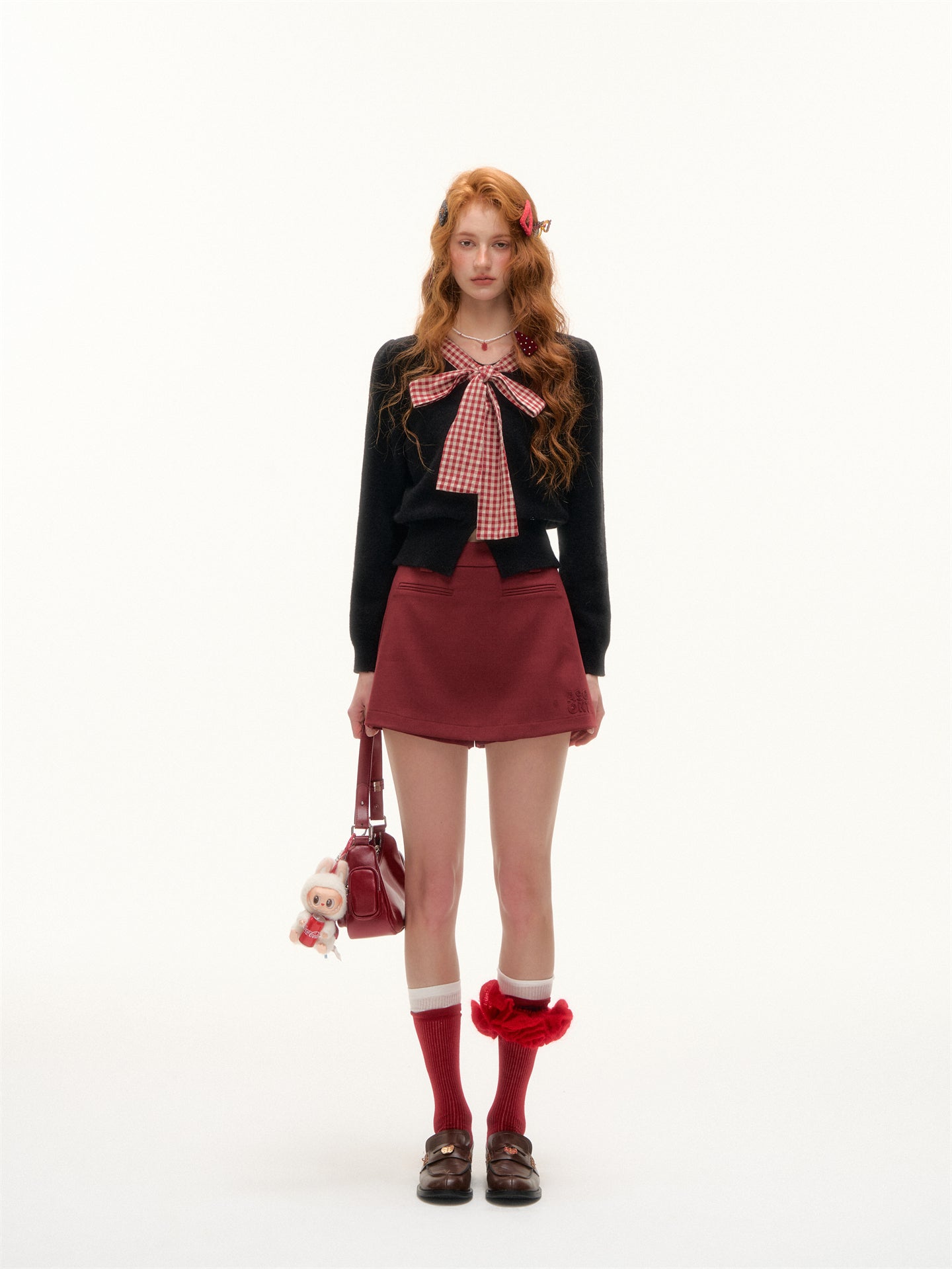AsGony ASG25410 Plaid bow round neck knitted cardigan