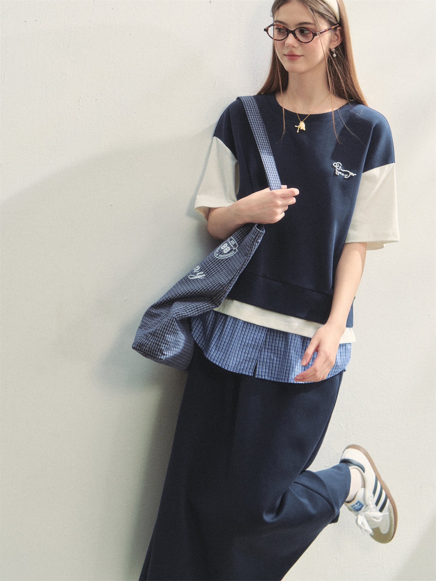 AsGony ASG25267 Plaid patchwork short sleeved top + skirt set (2color)