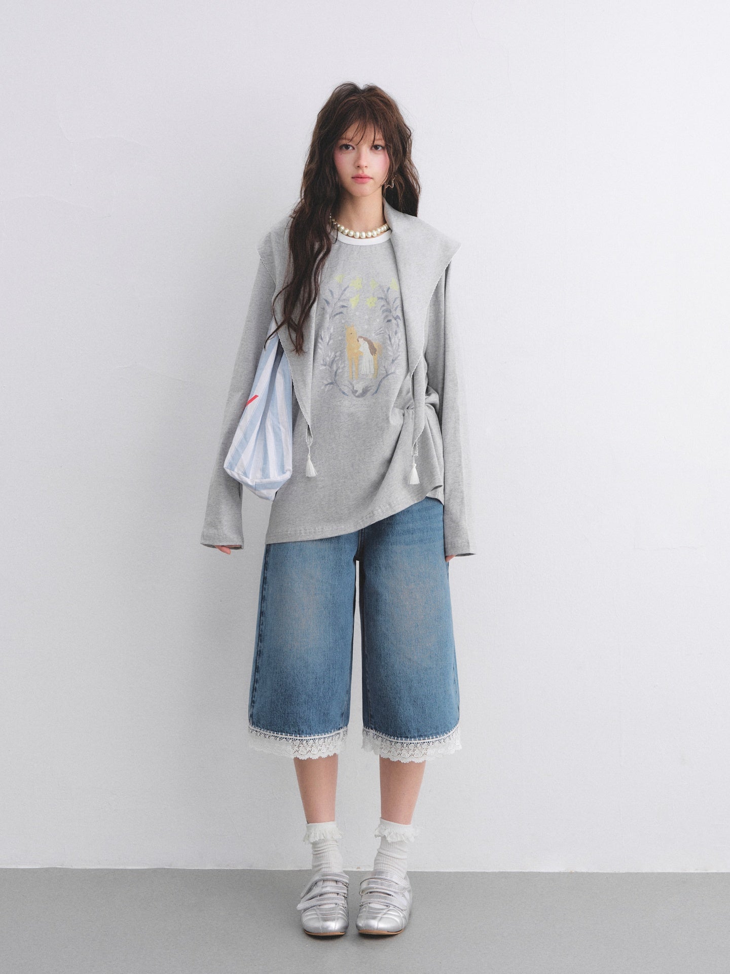 AsGony ASG26025 Triangle shawl pony print T-shirt two-piece set