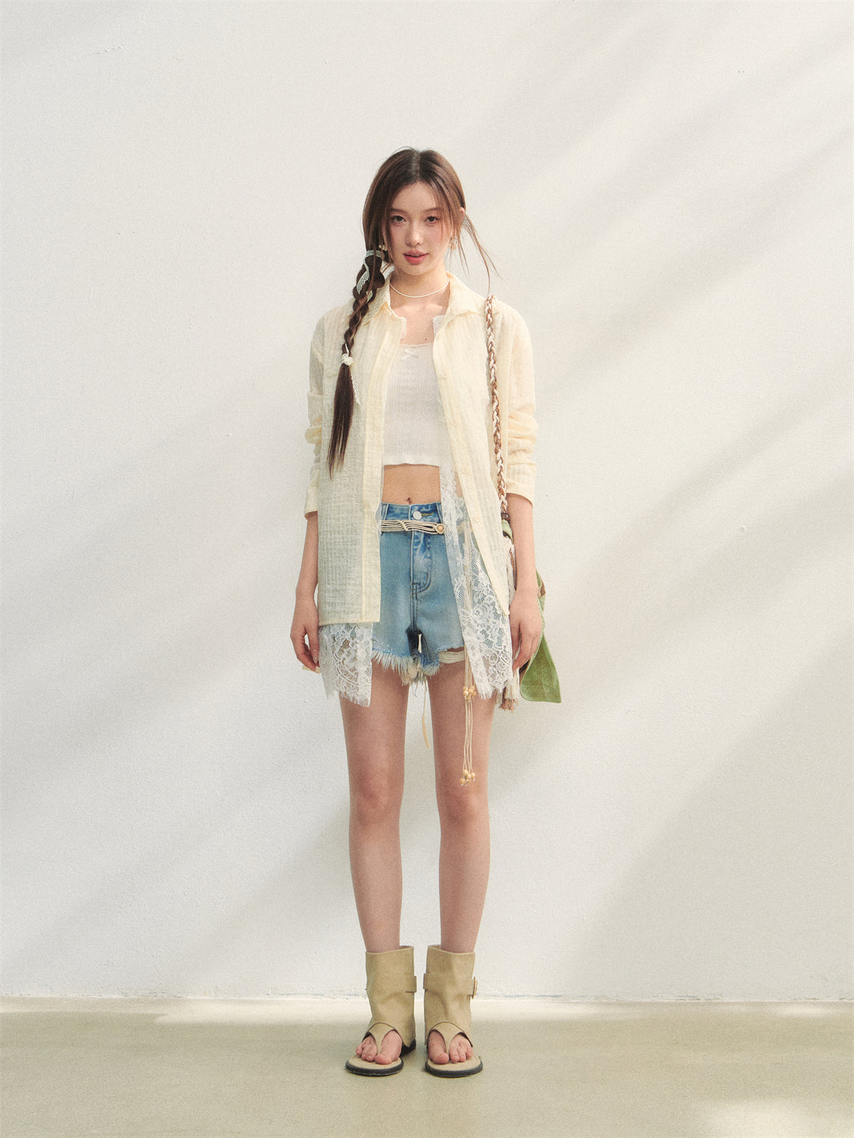 AsGony ASG25217 Striped lace patchwork long sleeved sunscreen shirt